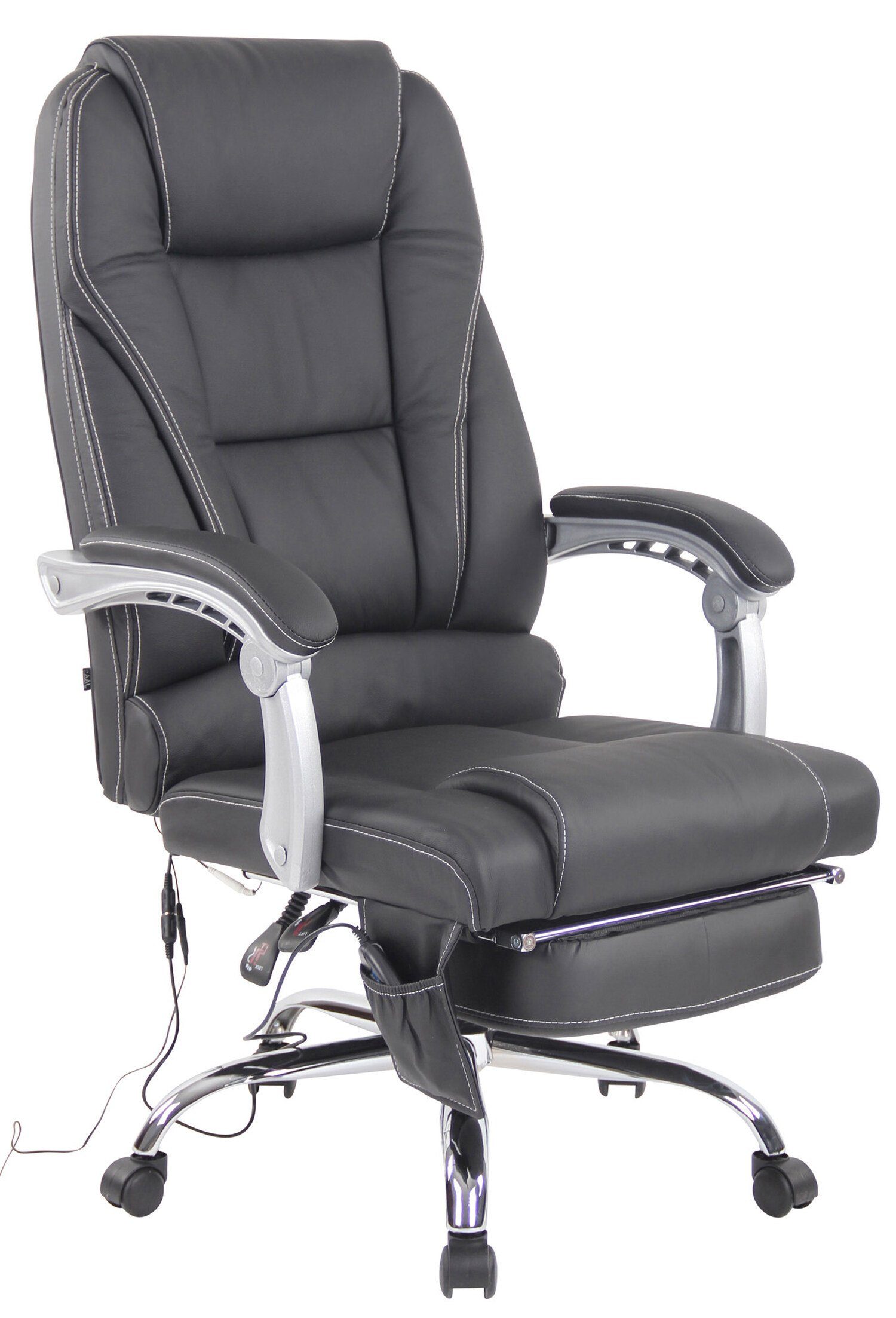 TPFLiving Bürostuhl Pacira mit Massagefunktion - höhenverstellbar und 360° drehbar (Schreibtischstuhl, Drehstuhl, Chefsessel, Bürostuhl XXL), Gestell: Metall chrom - Sitzfläche: Echtleder schwarz | Drehstühle