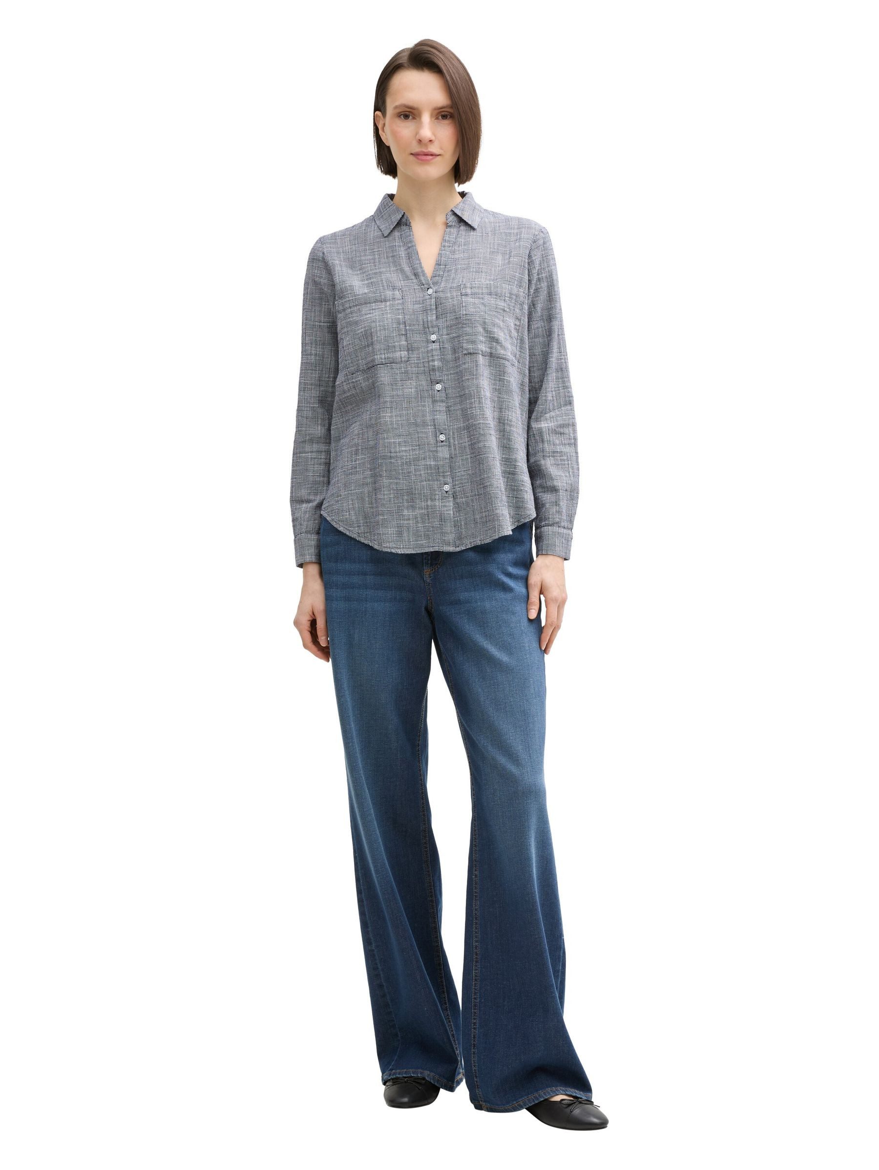 TOM TAILOR Blusenshirt Langarm BLOUSE WITH SLUB STRUCTURE für Baumwolle Regular Fit Kentkragen Langarm kariert Knöpfe