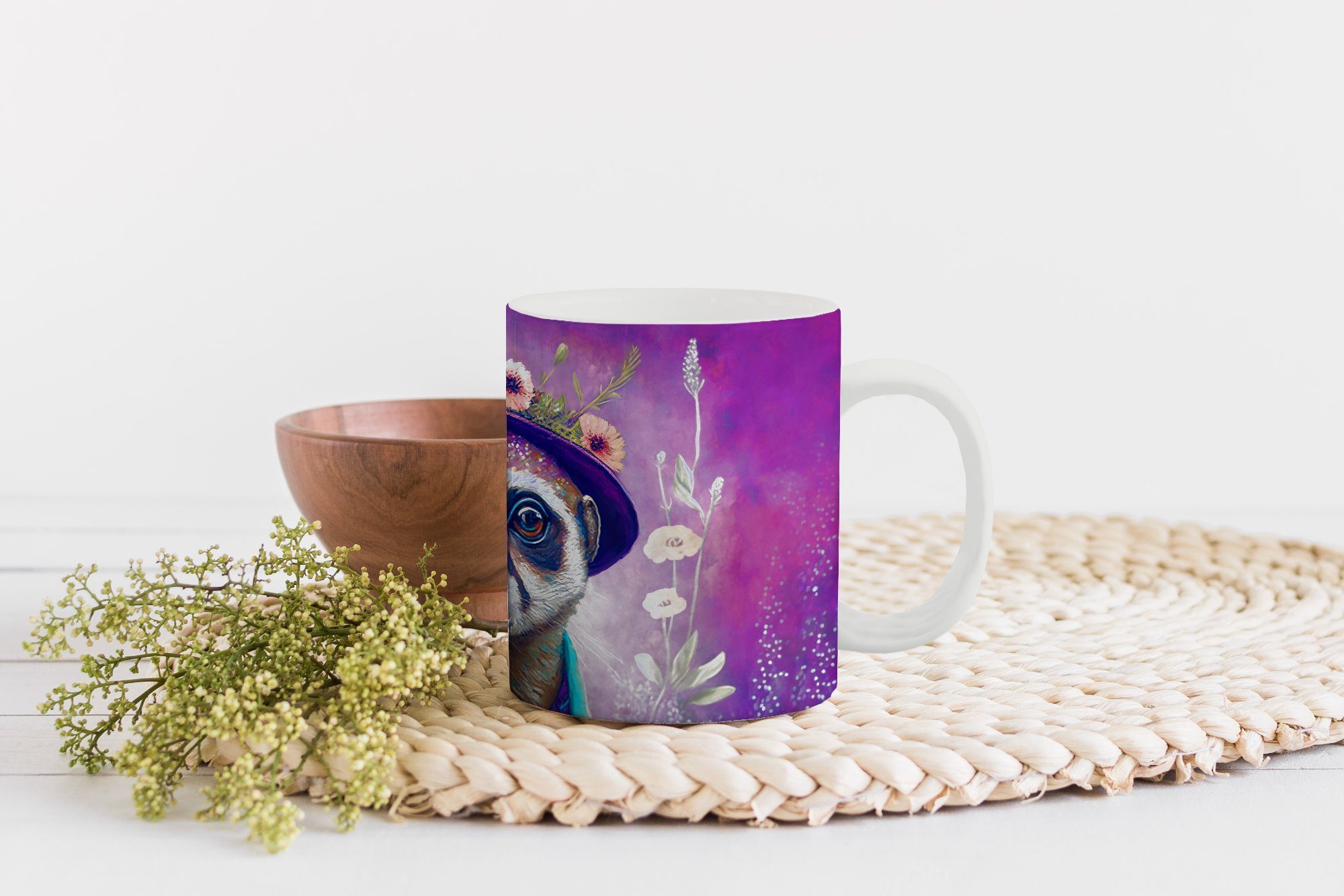 Lila Keramik, - Teetasse, Kaffeetassen, Erdmännchen Teetasse, Geschenk Becher, MuchoWow Tasse Blumen - Porträt - - - Erdmännchen, Farbe