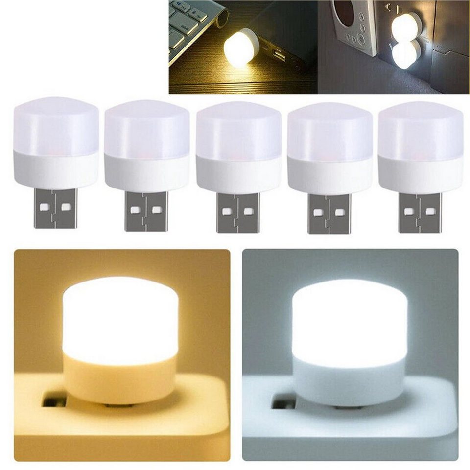 oyajia LED Nachtlicht 5x LED Nachtlicht Mini Lampe Leselampe Licht USB  Steckdose Runde Lampe, LED fest integriert, USB LED Lampe PC Auto Adapter