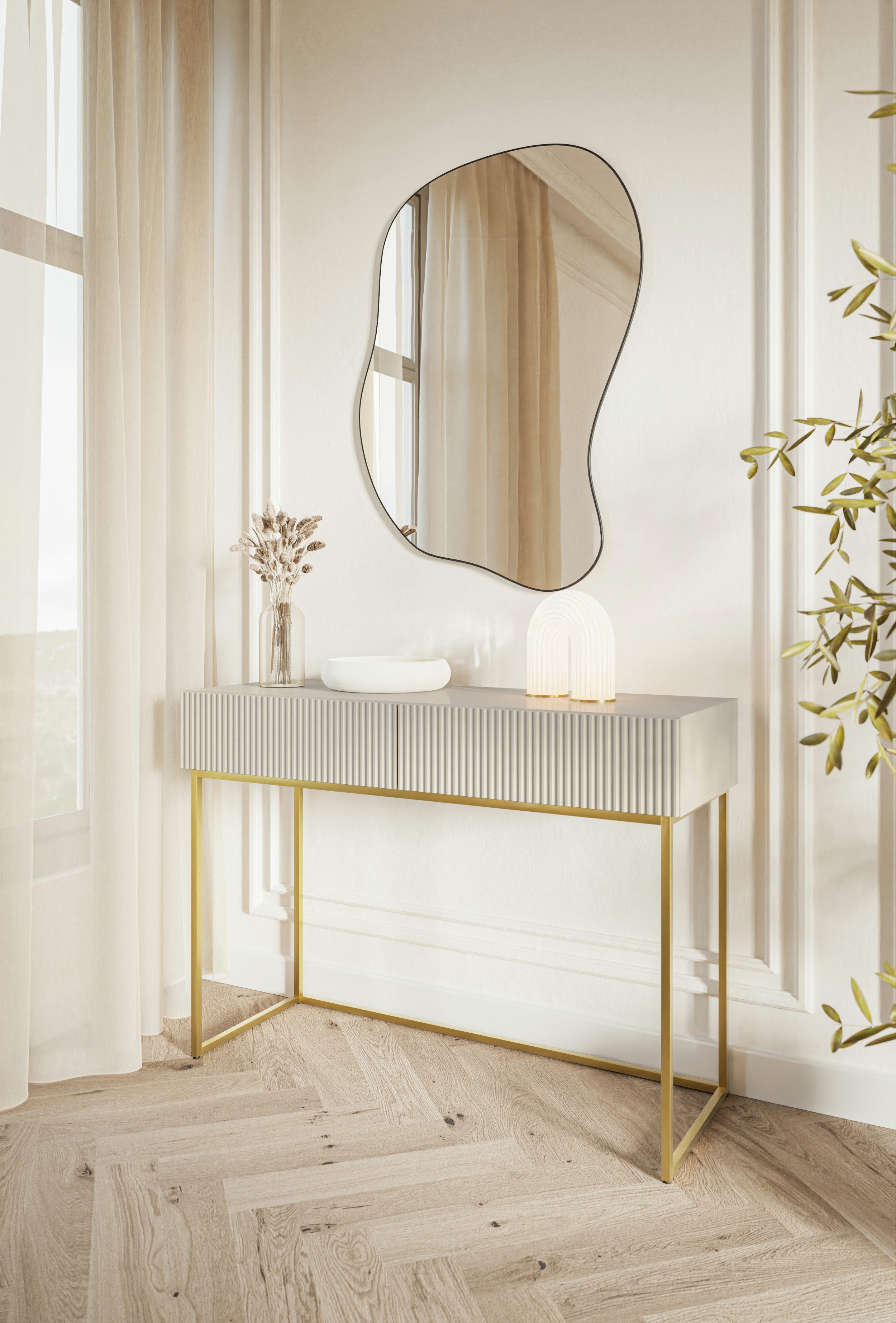Selsey Schminktisch VELDIO, 2 Schubladen mit geriffelten Fronten, goldfarbe günstig online kaufen