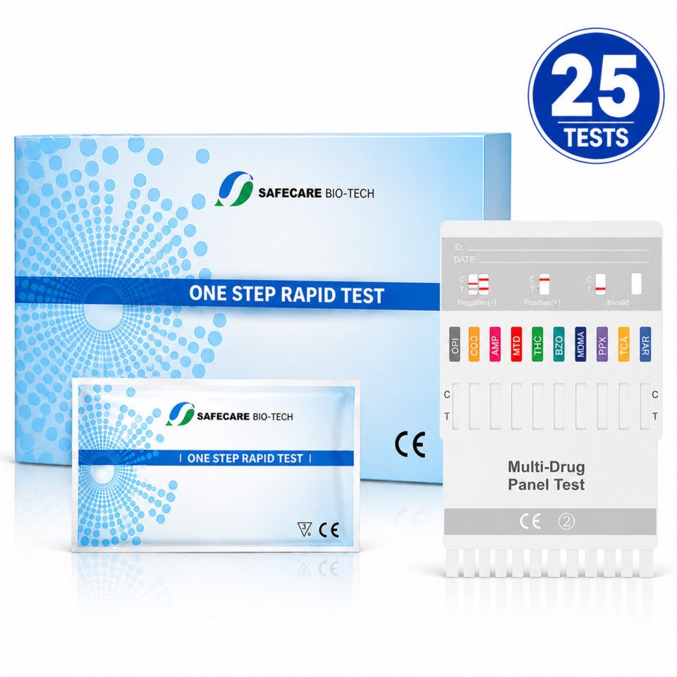 Safecare Bio-Tech Drogen-Schnelltest 25 X 7in1 Drogentest Schnelltest - 99% Genauigkeit - Urin Test, 7 Messparameter, Multidrogentest, 25-tlg., Drogenarten, Schnelles Ergebnis, einfache Handhabung, hohe Genauigkeit