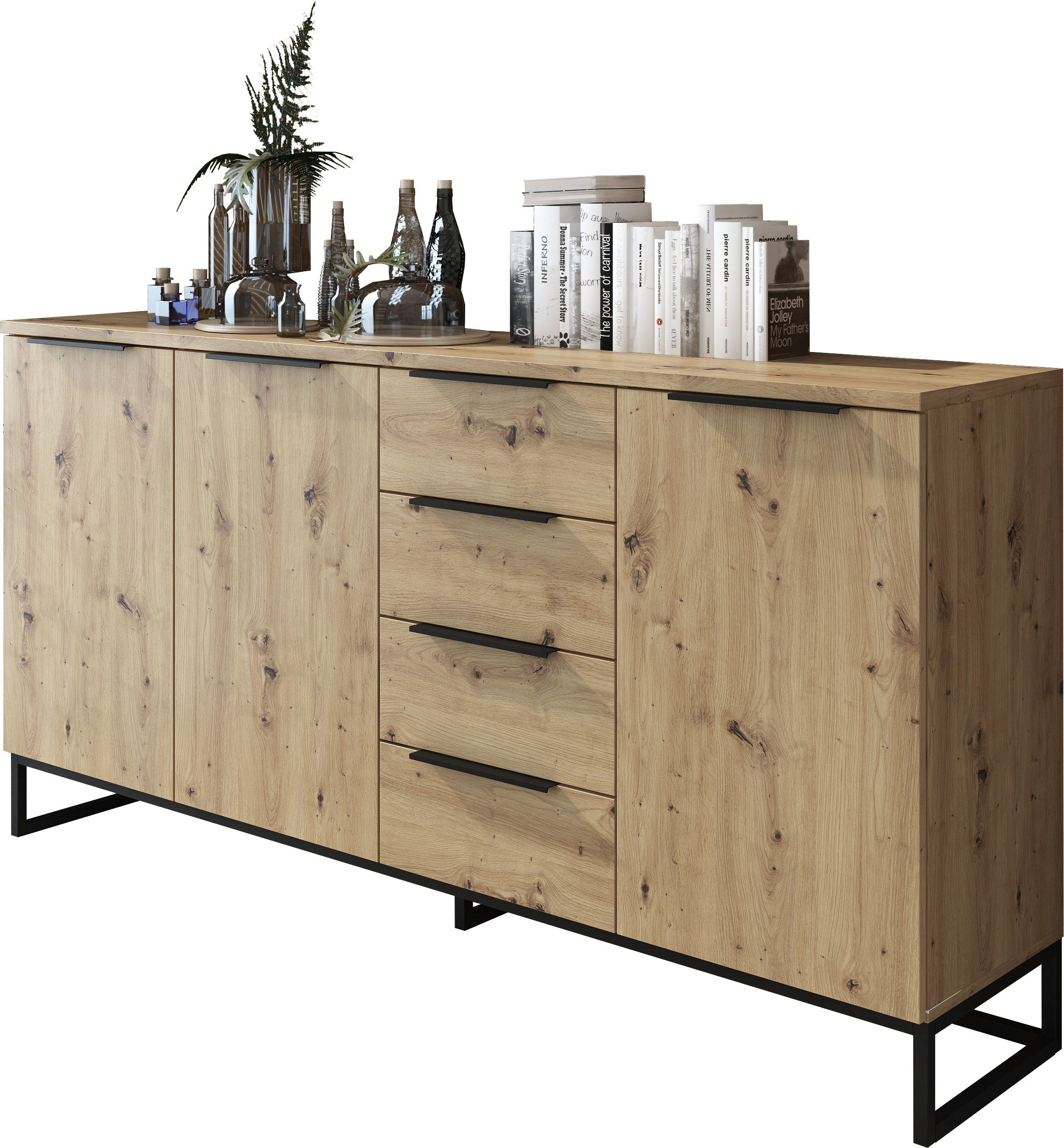 Domando Sideboard Sideboard Luino in Artisan Eiche, Breite 179cm, Metallgestell, Metallgriffe, Soft-Close