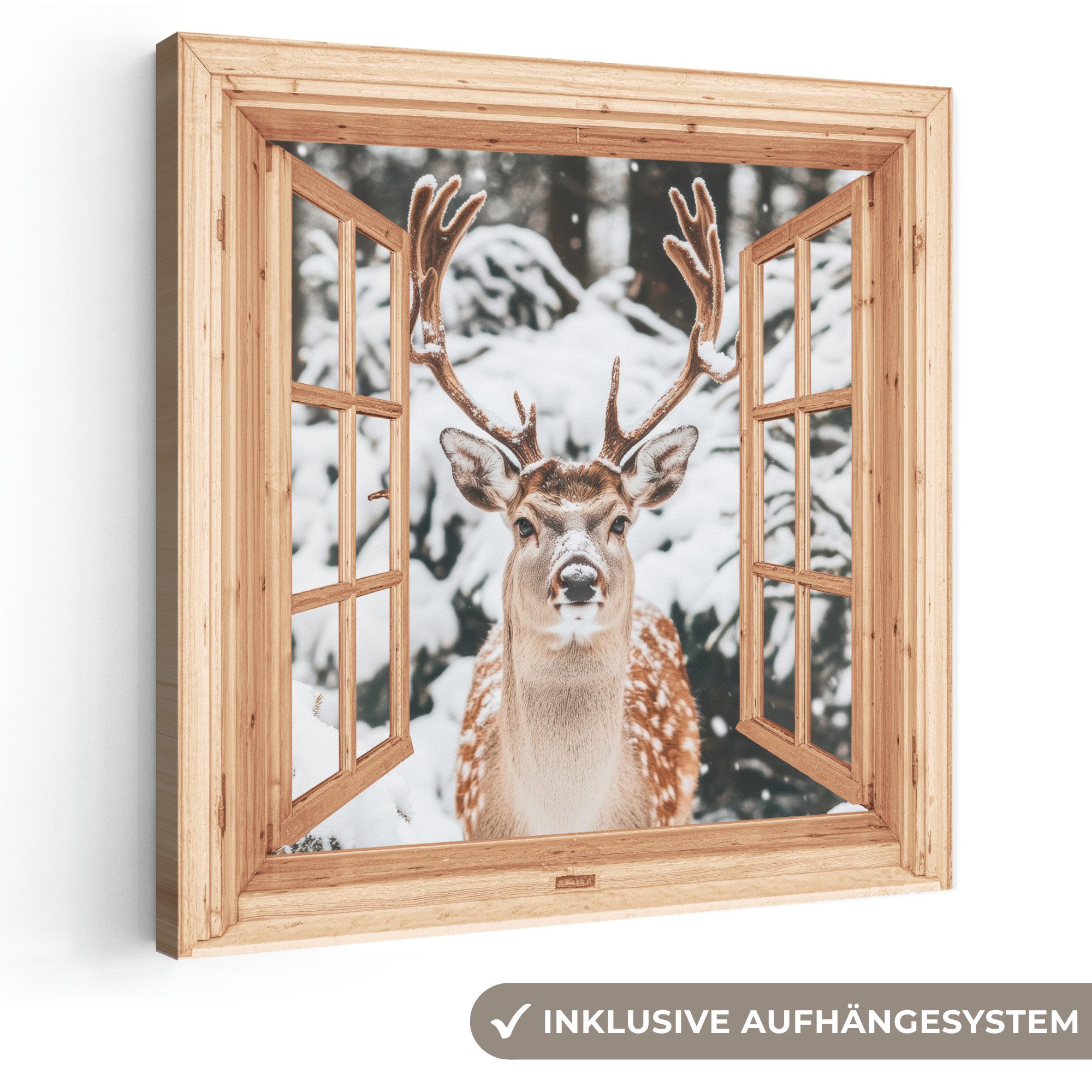 OneMillionCanvasses® Leinwandbild Fensterblick - Fenster - Hirsche - Schnee - Winter - Wald - Tiere, Fotodruck (1 St), Wandbild, Deko Schlafzimmer Wohnzimmer Flur 20x20 cm