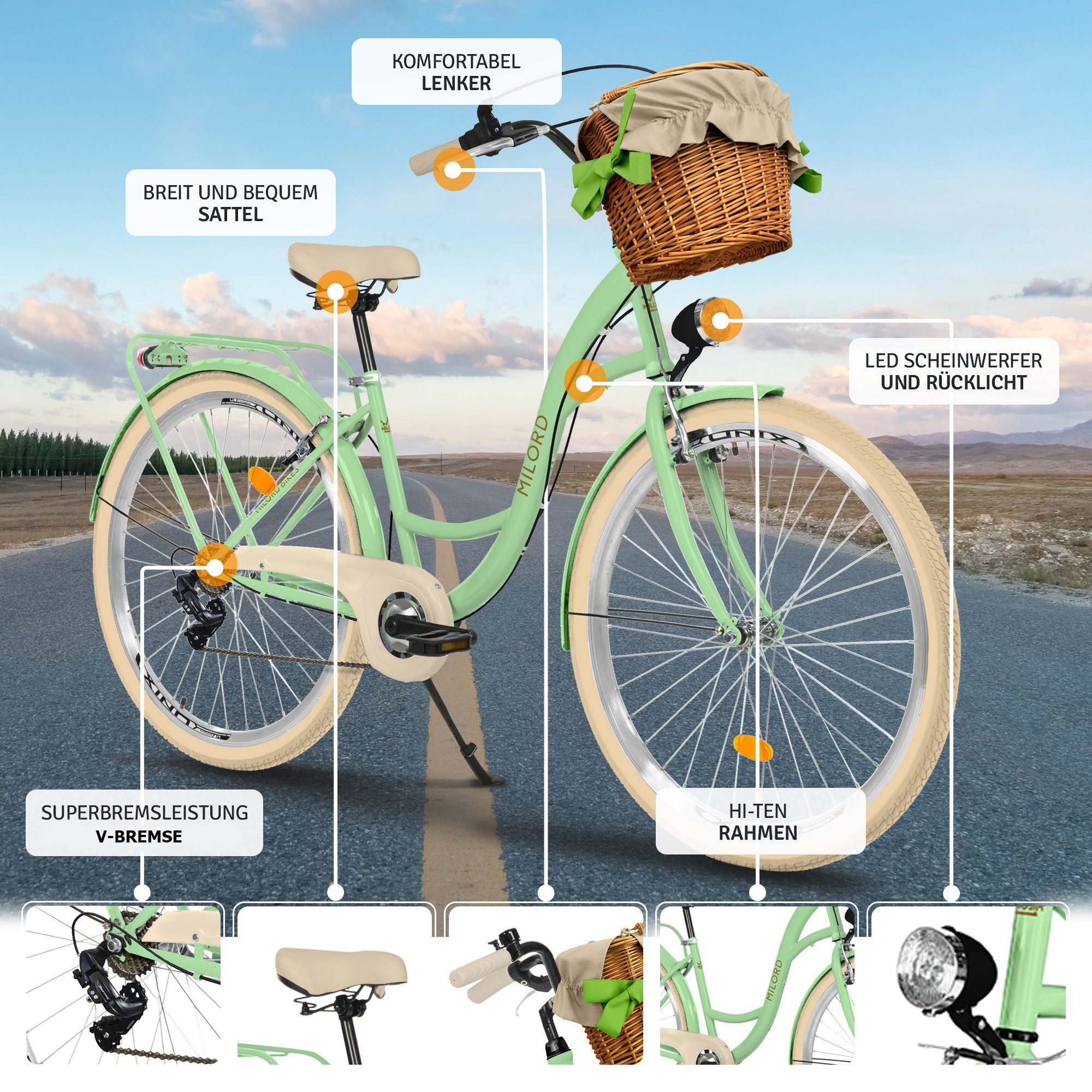Milord Cityrad Milord City Damenfahrrad Weidenkorb 28/26 Zoll, Mintze-Creme, 7-Gang, 7 Gang, (Fahrradständer, Gepäckträger, Klingel, Korb, Kotflügel)