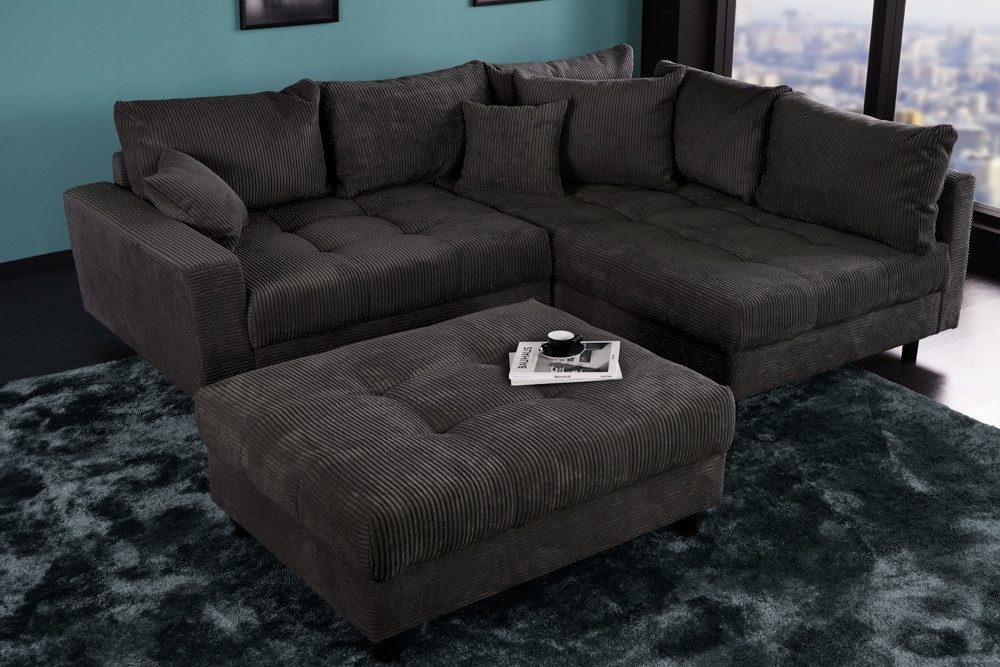 riess-ambiente Ecksofa KENT 220cm dunkelgrau - Cord, L-Form, Federkern, FSC-zertifiziert, Set 1 Teile, Moderne Wohnlandschaft inkl. Hocker - ideal für Wohnzimmer u. Familien
