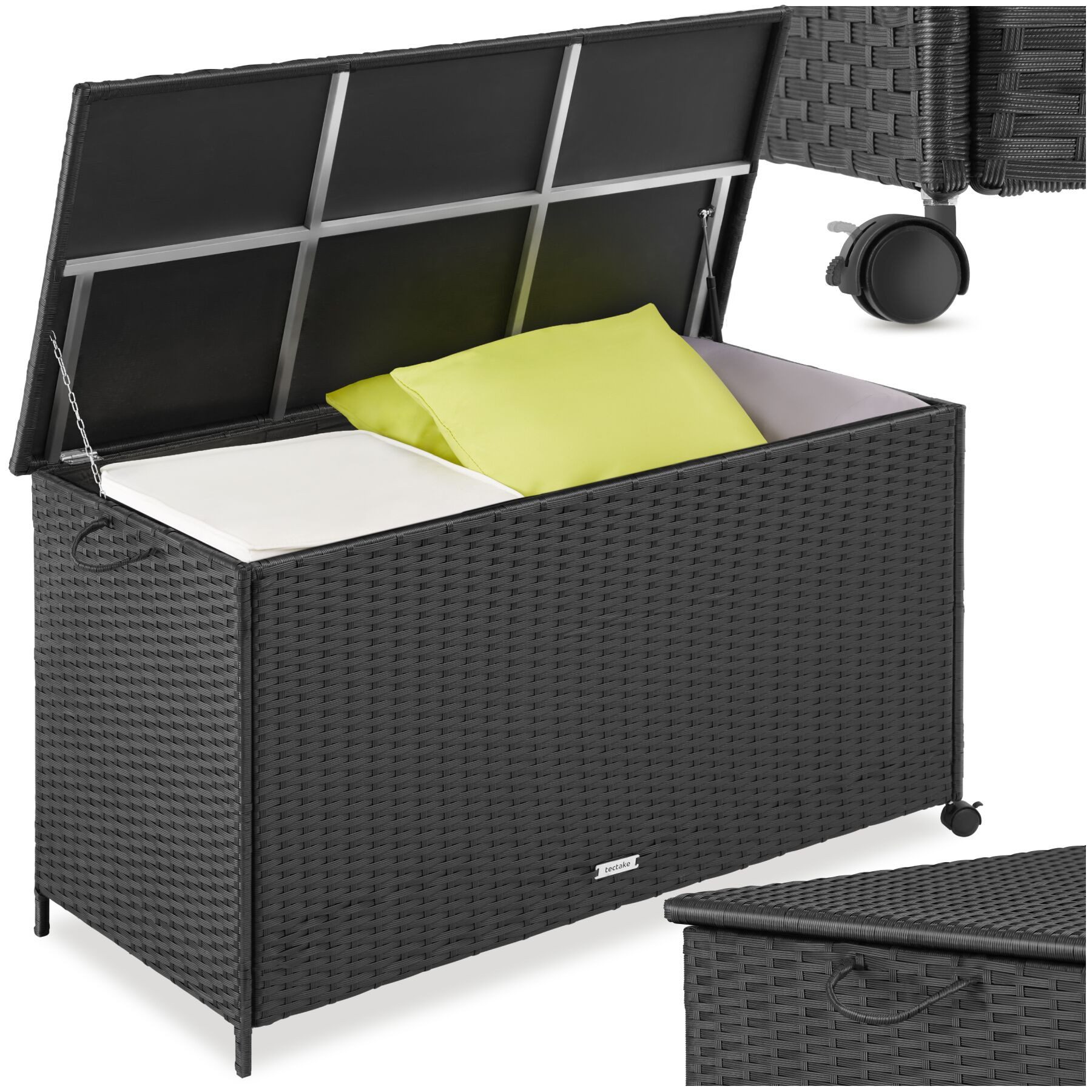 tectake Gartenbox Aluminium Auflagenbox mit Rattangeflecht, 116 x 54 x 64 cm (Kissenbox Kuusamo, in schwarz, 253 L), Griffschlaufe und 2 drehbare Rollen mit Feststellbremse, Hubautomatik