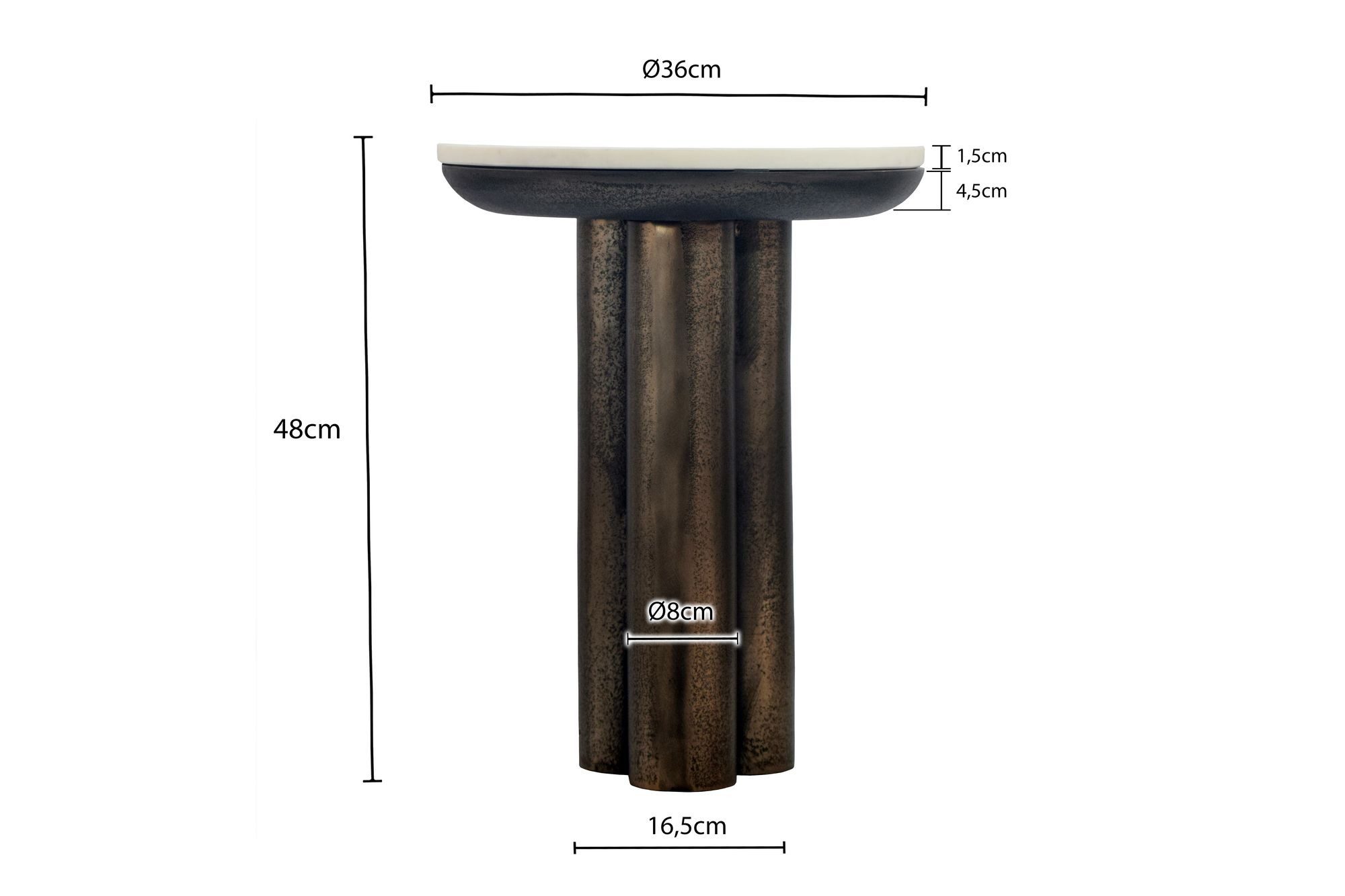 FINEBUY Beistelltisch FB116658 36cm mit Marmor Platte weiß Wohnzimmertisch Couchtisch Metall (Extravaganter Tisch in markanter Säulenoptik), Glatte Marmorplatte auf robustem Aluminium