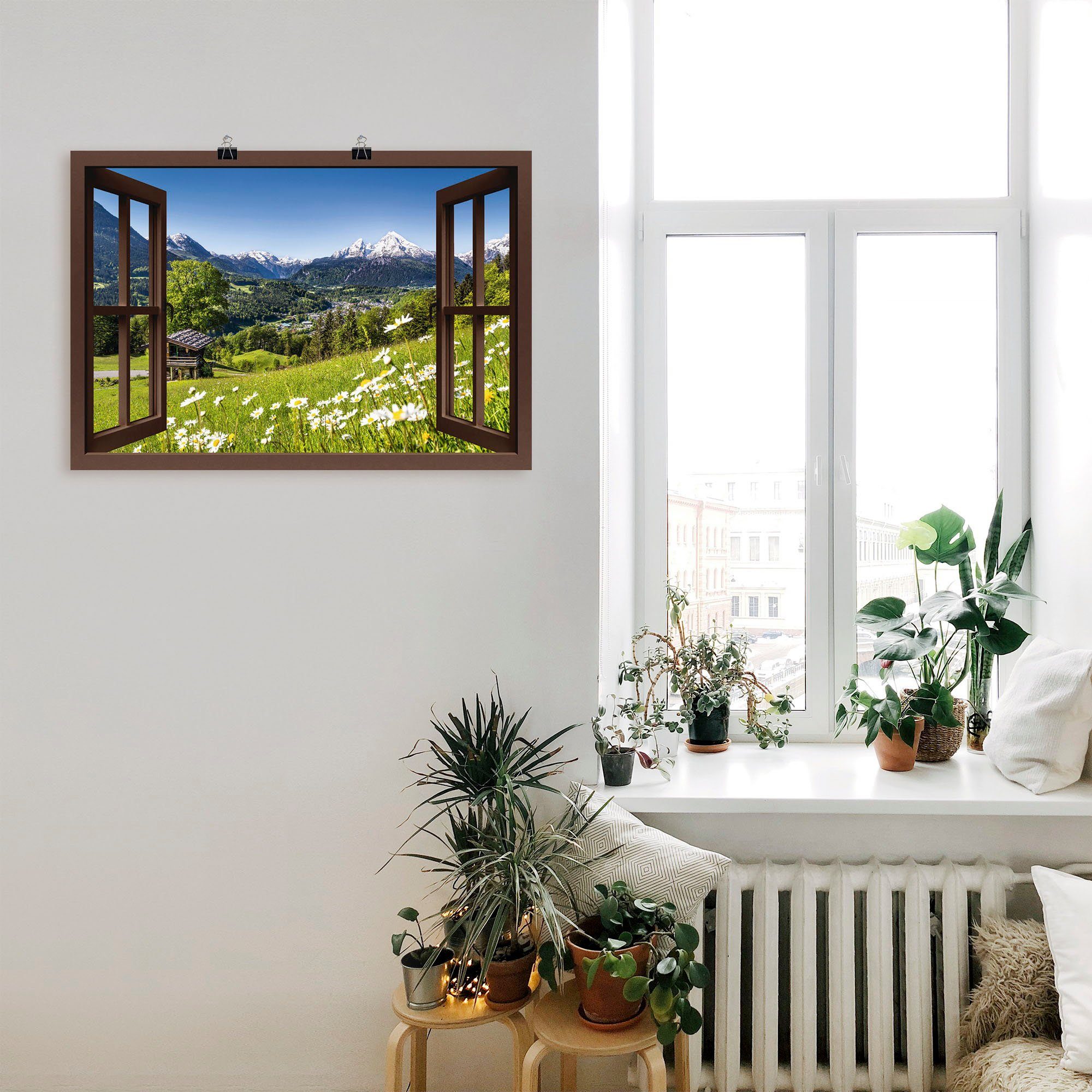 Artland Wandbild Fensterblick Bayerischen Alpen, (1 Wandaufkleber Poster Alubild, Berge Leinwandbild, versch. als in St), Größen oder