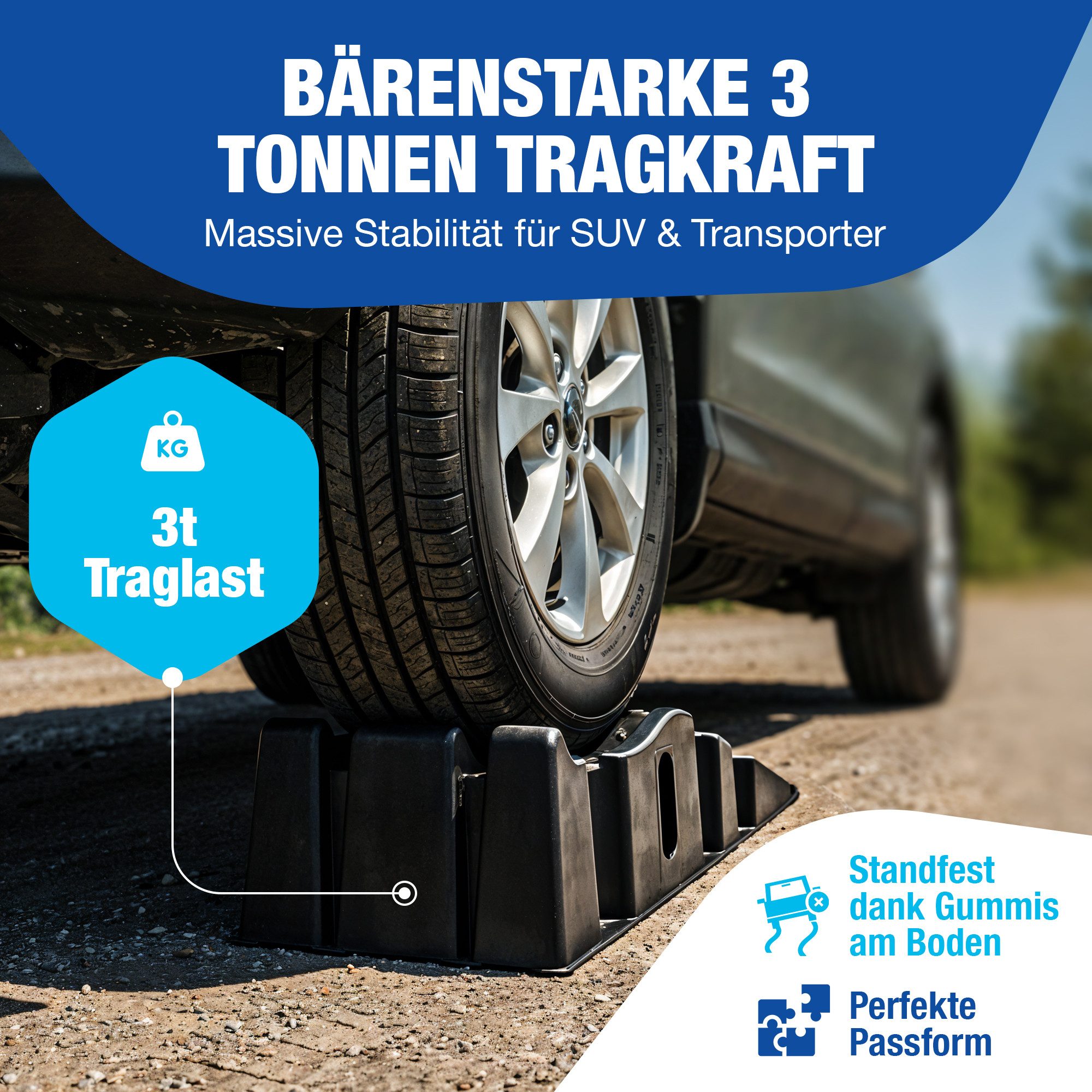 NTG Nutzfahrzeug Technik GmbH Auffahrrampe PKW Auffahrrampen (2er Set) bis 3000 kg Auffahrkeile aus Kunststoff (Hochbelastbar, Auffahrwinkel von 17), Antirutsch + Stapelbar - Passend für jedes Auto