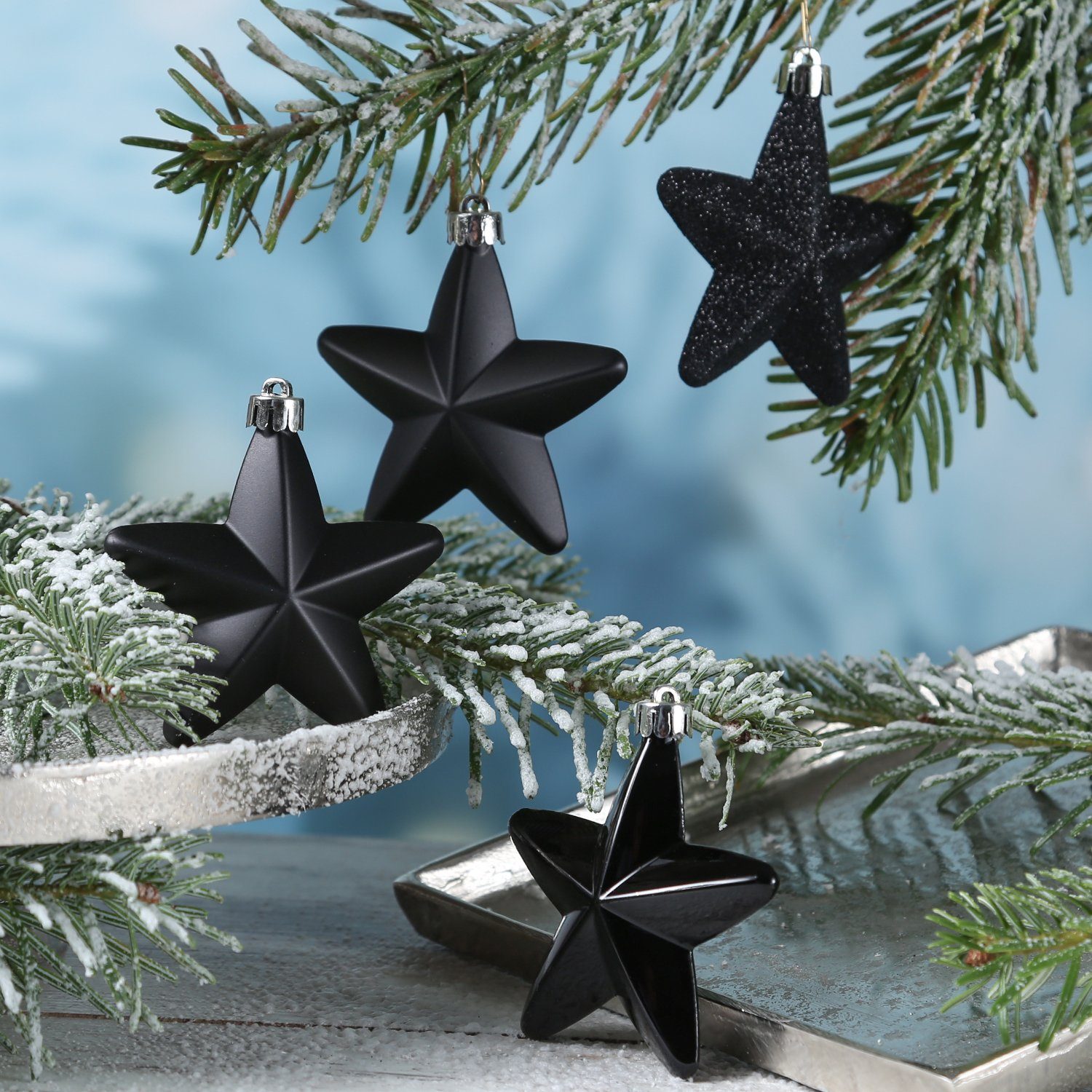 MARELIDA Christbaumschmuck Weihnachtsbaumschmuck Sterne bruchfest glänzend glitzernd schwarz 6St.