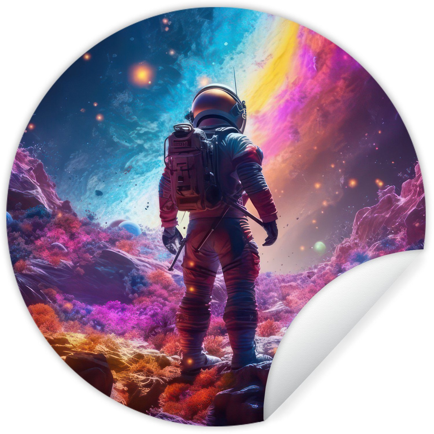 Rund, (1 St), Tapetenkreis Astronaut - Tapetenaufkleber, Weltraum MuchoWow Wohnzimmer Wandsticker für Kinderzimmer, Sterne - Neon -