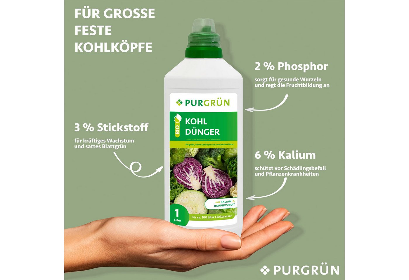 Thumbnail - Purgrün Gemüsedünger Purgrün Bio Kohl Dünger, NPK 3+2+6, Kalium, 1 Liter, Flüssigdünger, extra Kalium für große, kräftig...