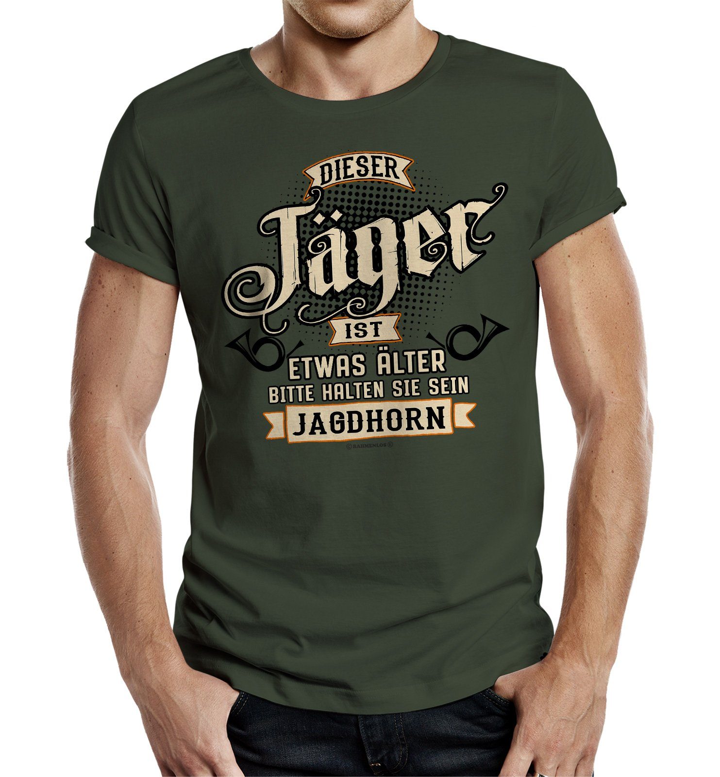 Rahmenlos T-Shirt als Geschenk "Jäger ist etwas älter, bitte halten Sie sein Jagdhorn"
