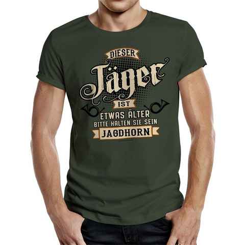RAHMENLOS® T-Shirt als Geschenk "Jäger ist etwas älter, bitte halten Sie sein Jagdhorn"