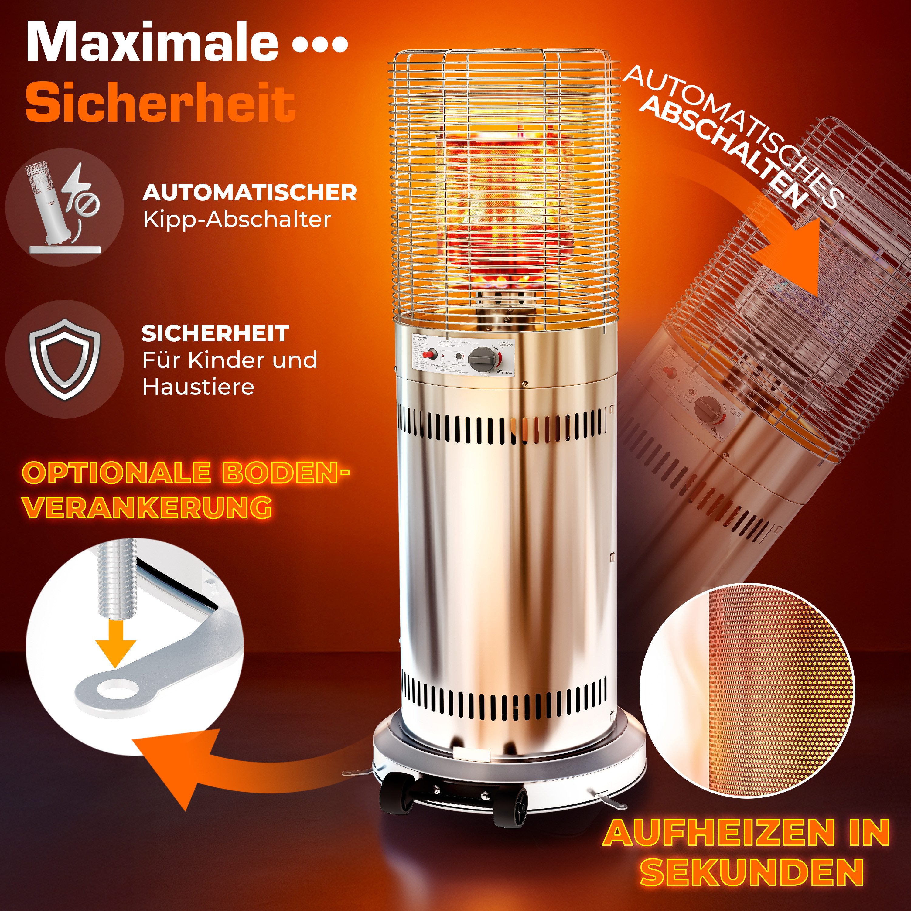 TRESKO Heizstrahler TRESKO® Heizstrahler Gas 11 kW mit Rollen, Outdoor Terrassenheizer, Gas 11 kW mit Rollen Outdoor Terrassenheizer