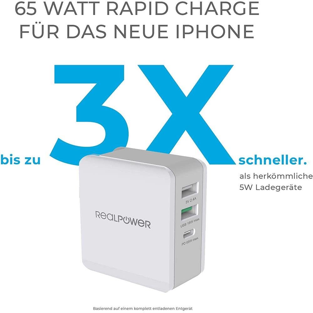 Realpower DeskCharge-65 Travel USB-Ladegerät (3-Port 65W, USB Netzteil, Reiseadapter, USB-C, PD, Rapid Charge)