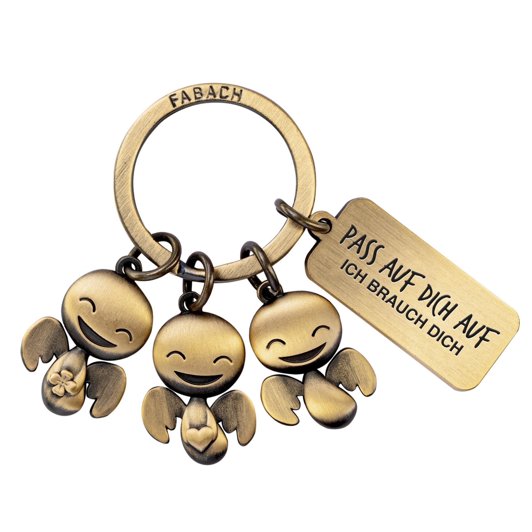 FABACH Schlüsselanhänger Happy-Trio mit Gravur - Pass auf dich auf - Schutzengel Glücksbringer Antique Bronze