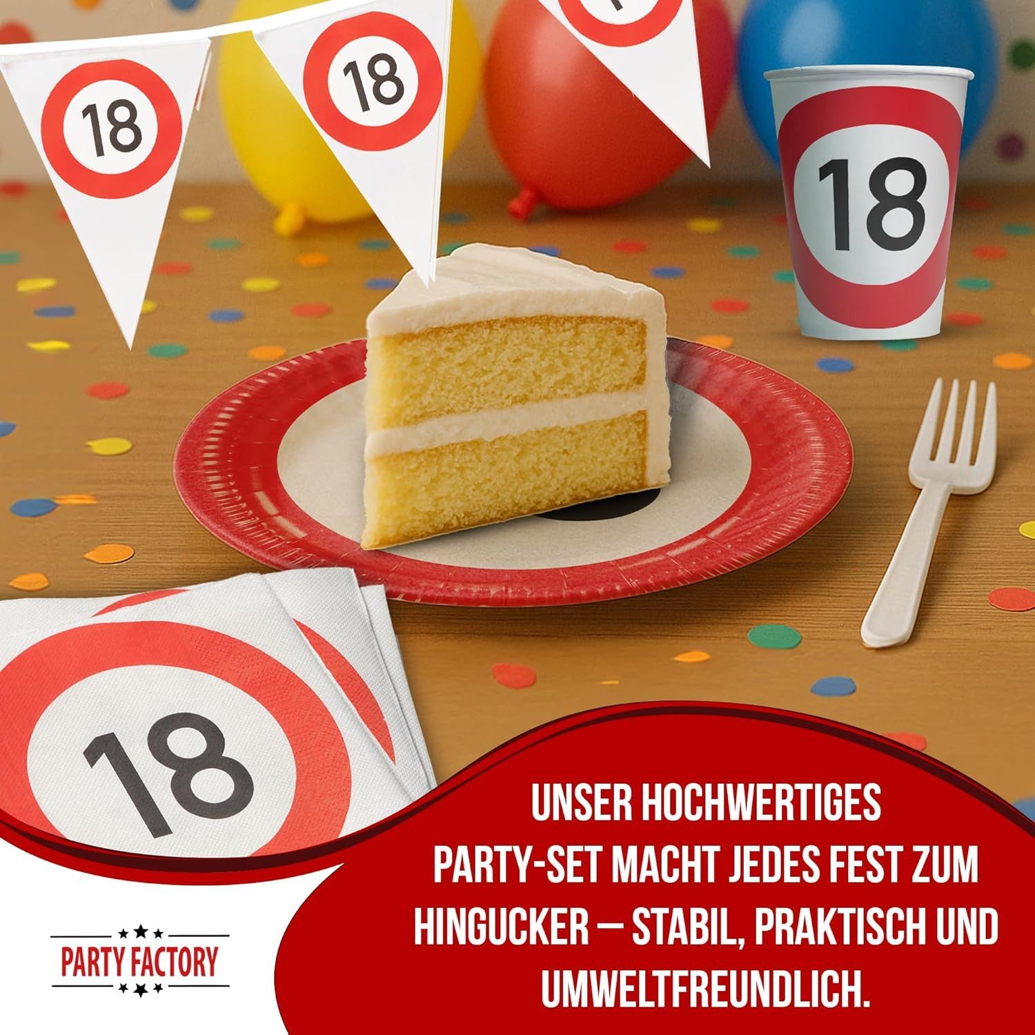 Party Factory Geschirr-Set Happy Birthday 18 – 4-tlg Partyset mit Geschirr und Wimpelkette, 8 Personen, im witzigen witzige Verkehrsschilder-Design