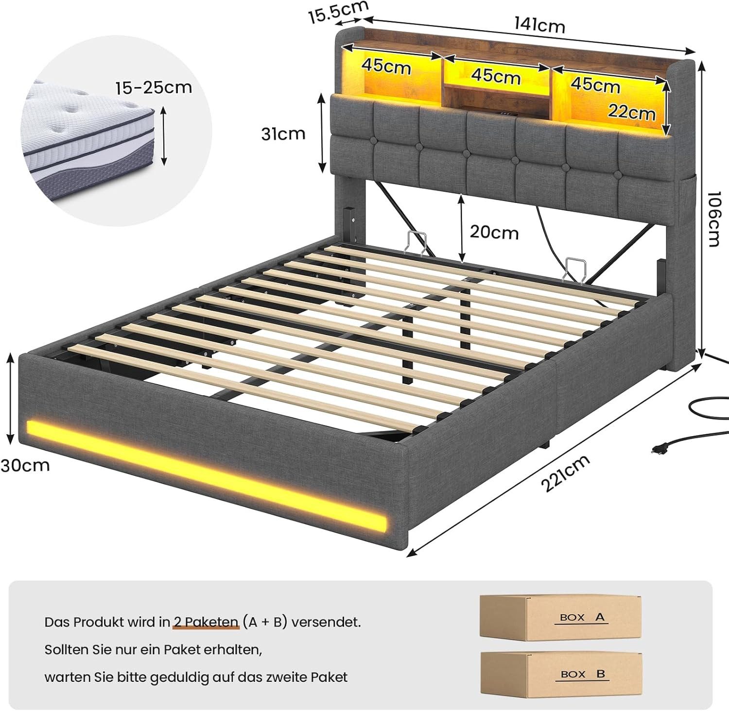 MSMASK Polsterbett Hydraulisches Stauraumbett mit LED-Bleuchtung, 90X200 cm (1-tlg., Ohne Matratze), Jugendbett mit USB- und Type-C-Anschlüsse, Leinenstoff – Bild 2 von 5