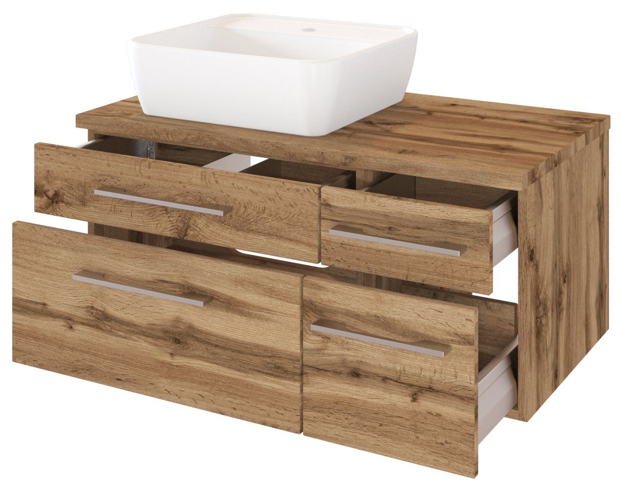 HELD MÖBEL Waschtisch-Set Waschtisch Davos 90 cm (links) mit 4 Auszügen Wotaneiche/Wotaneiche