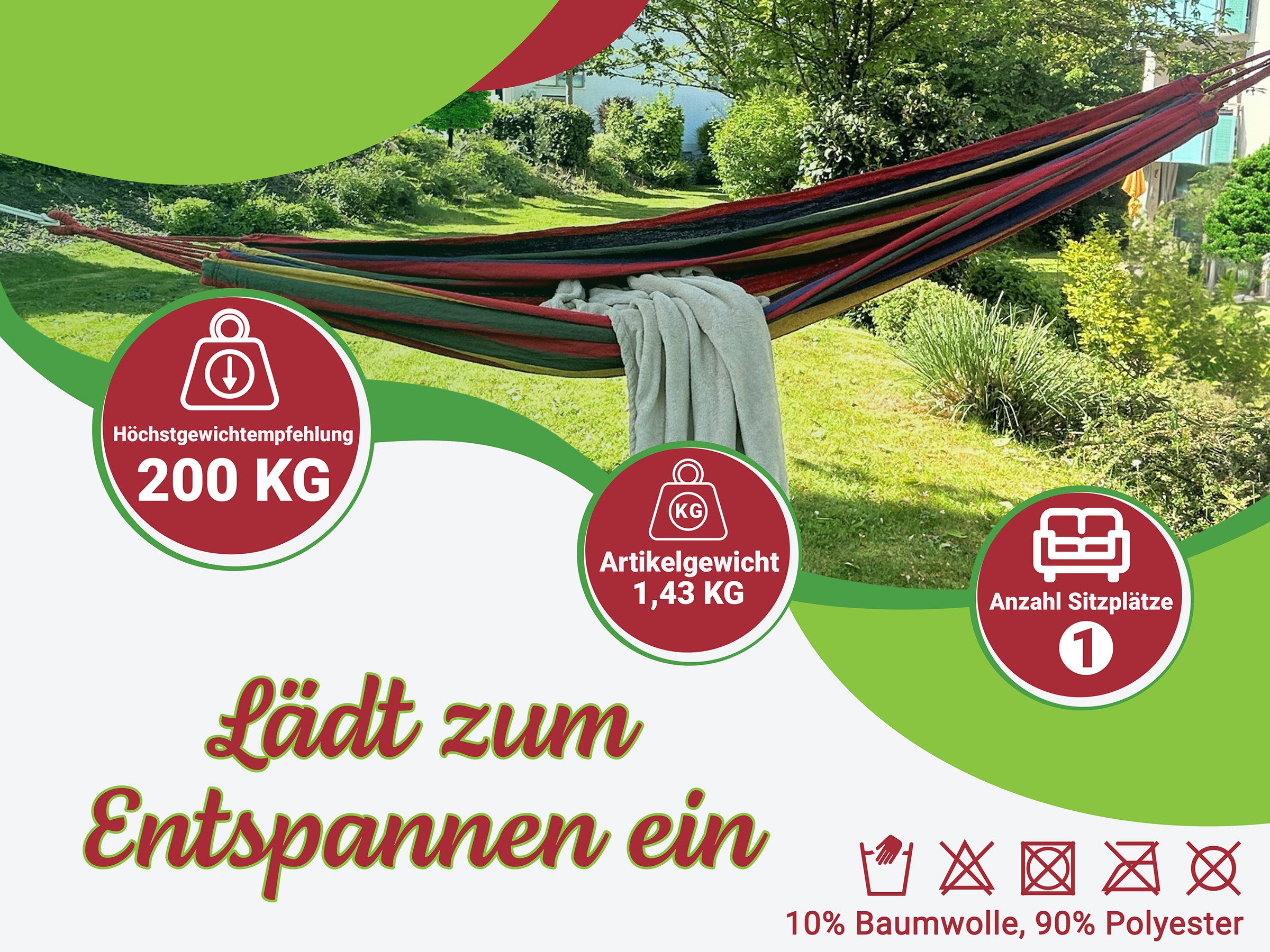 ZOLLNER Hängematte (inkl. Tasche und Seile), 150 x 210 cm, 90% Polyester, 10% Baumwolle – Bild 5 von 5