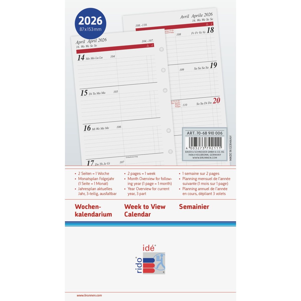 rido ide Terminplaner Wochenkalendarium Timing Special 8,7x15,3cm 1 Woche/2 Seiten 2026