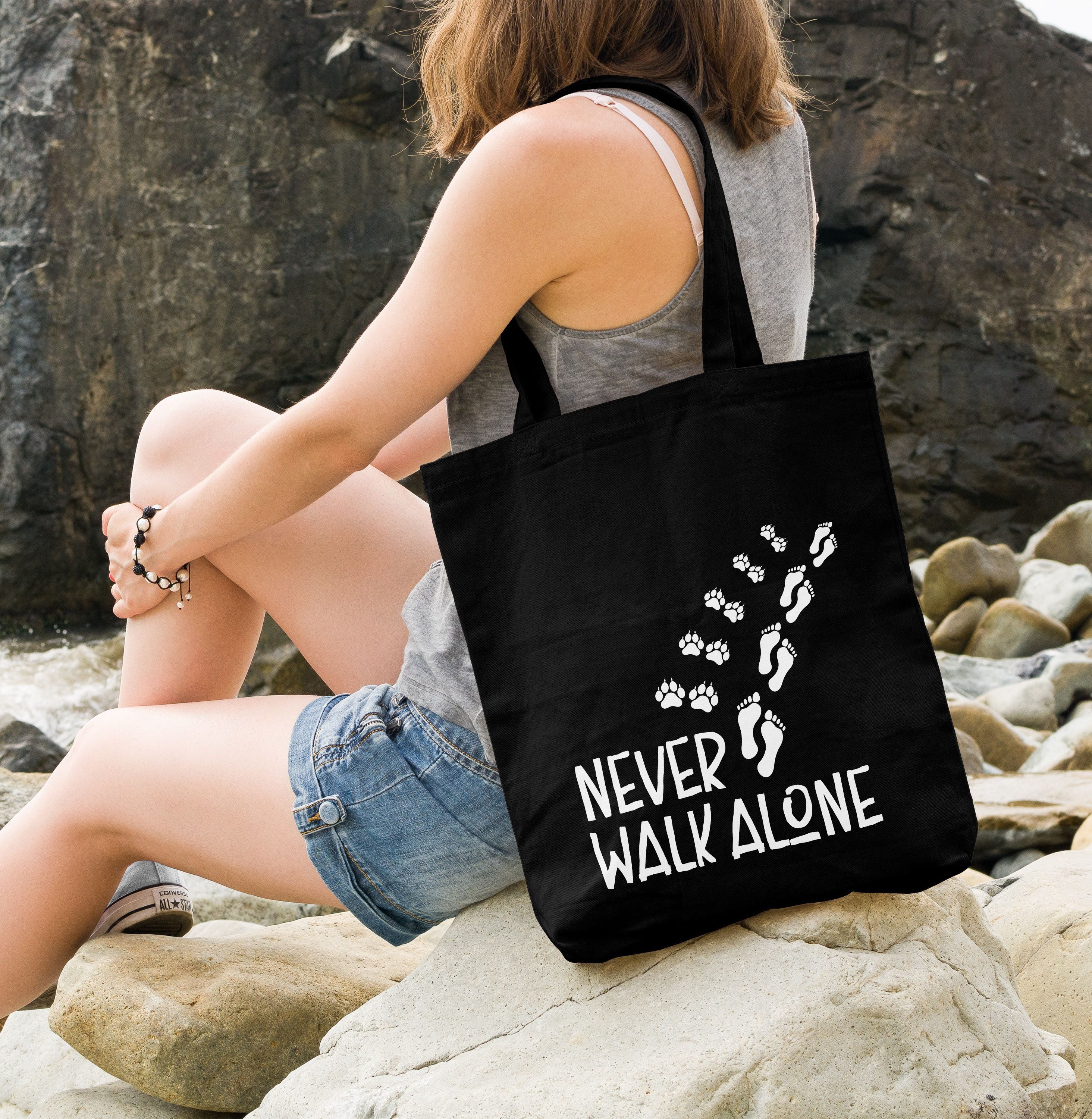 MoonWorks Einkaufsshopper Jutebeutel Never walk alone Hund Pfoten Hundepfoten Pfotenabdrücke