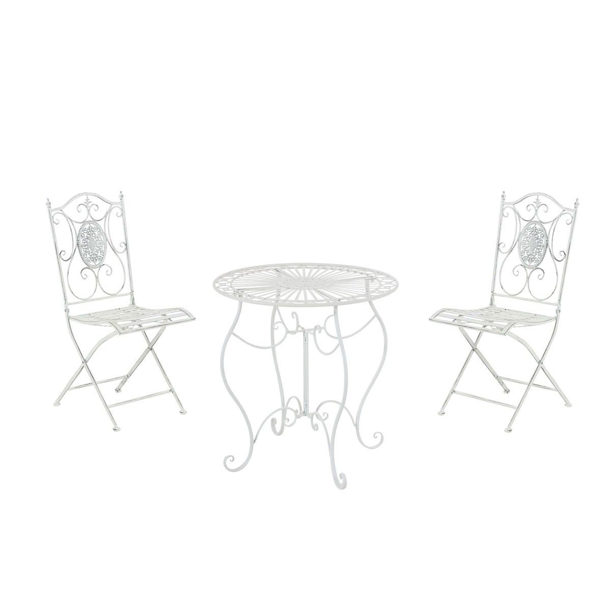 CLP Sitzgruppe Bistroset Balkonset Gartengarnitur, (Spar-Set, 1-tlg., Ø 70 x 72 cm nostalgisch), handgefertigt, Eisen, antike Patina, klappbare Stühle