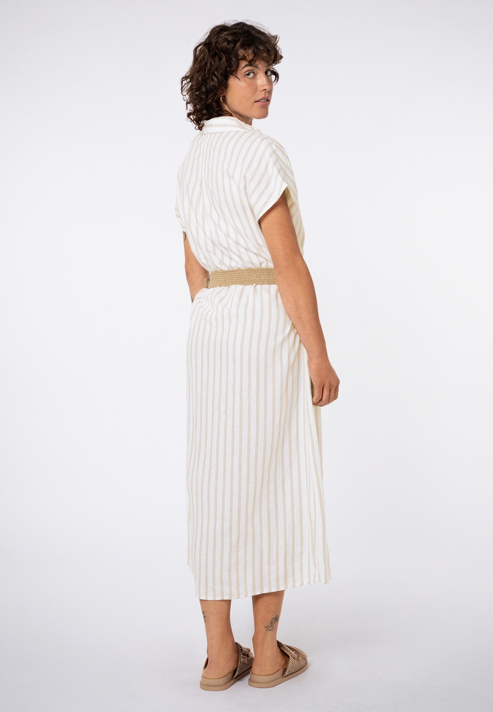Eight2Nine A-Linien-Kleid Damen Blusenkleid mit Bastgürtel Sommerkleid, Leinen-Viskose-Mix, elastische Taille, gestreift oder uni