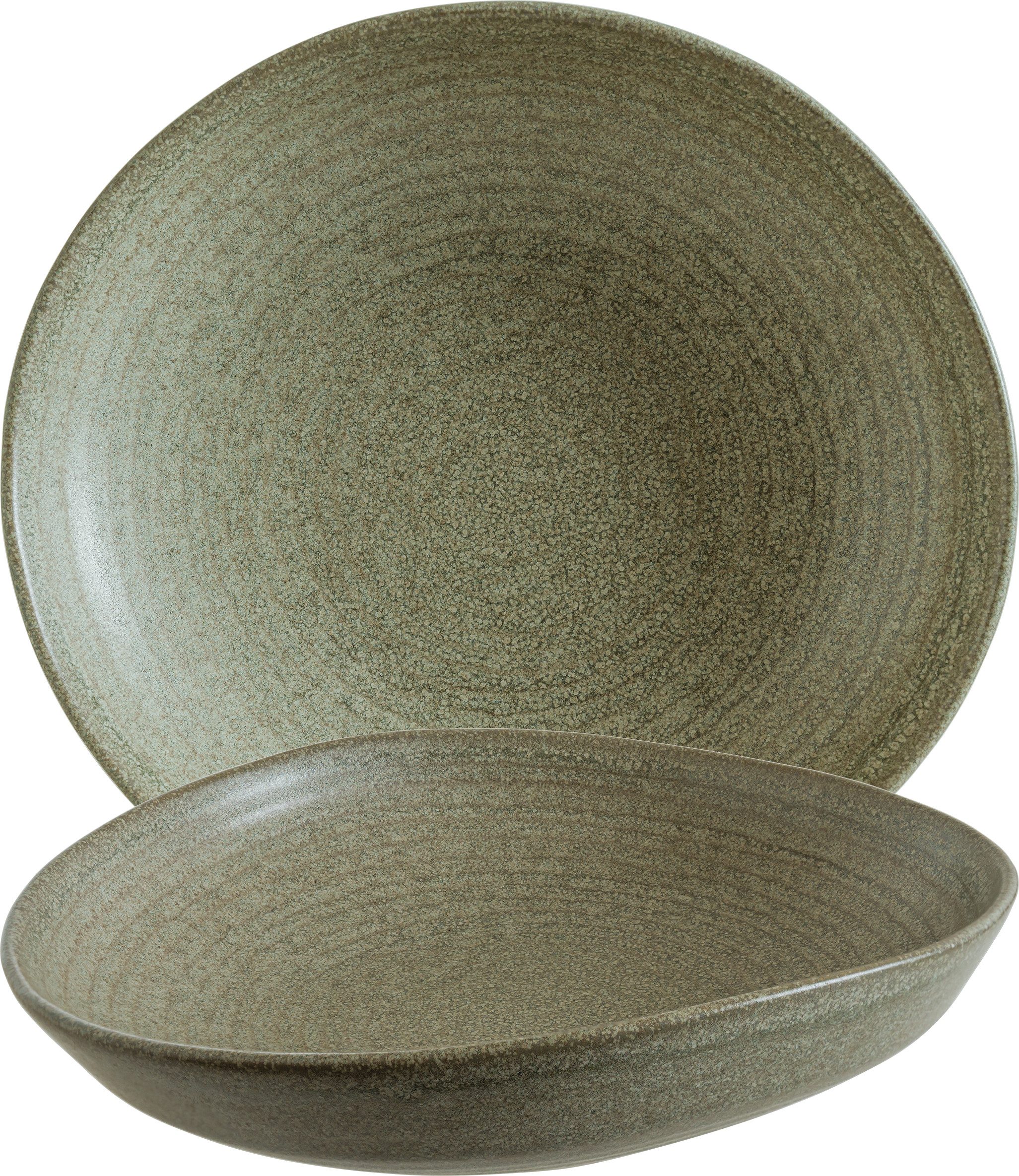 Bonna Teller-Set Adelfa Ripple Tiefer Speiseteller Ø 26 cm, Porzellan Grün (6-tlg), Porzellan, Spülmaschinen- & Mikrowellengeeignet