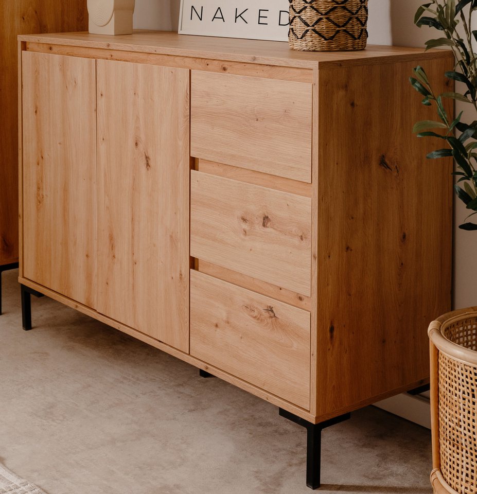 Furn.Design Kommode Bastia (Sideboard in Eiche Artisan, 3 Schubladen, 2-türig, 120 x 87 cm), mit viel Stauraum