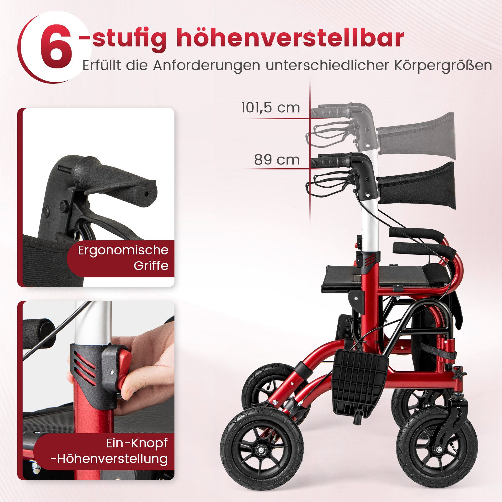 COSTWAY Rollator, mit Luftbereifung & faltbar, Aluminium, bis 140 kg