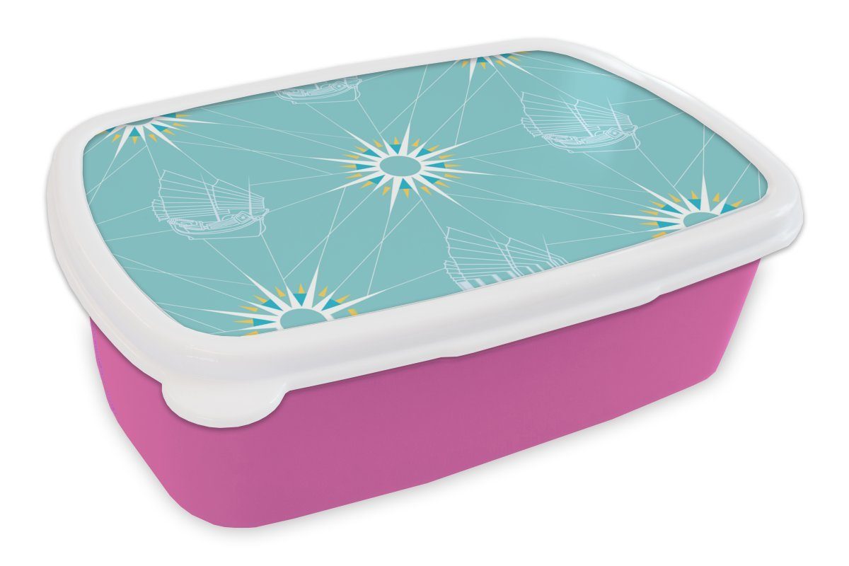 MuchoWow Lunchbox Kompass - Segeln - Boot - Muster, Kunststoff, (2-tlg), Brotbox für Erwachsene, Brotdose Kinder, Snackbox, Mädchen, Kunststoff rosa