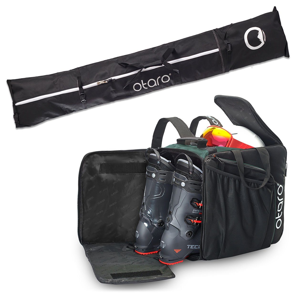 Otaro Skitasche Set: Skischuhtasche mit Schuhfach & Skitasche, Pro-Set für 2 Paar Ski (Schutz für deine Ausrüstung, Perfekt durchdacht, für 2 Paar Ski + Stöcke, ausklappbare Standfläche)
