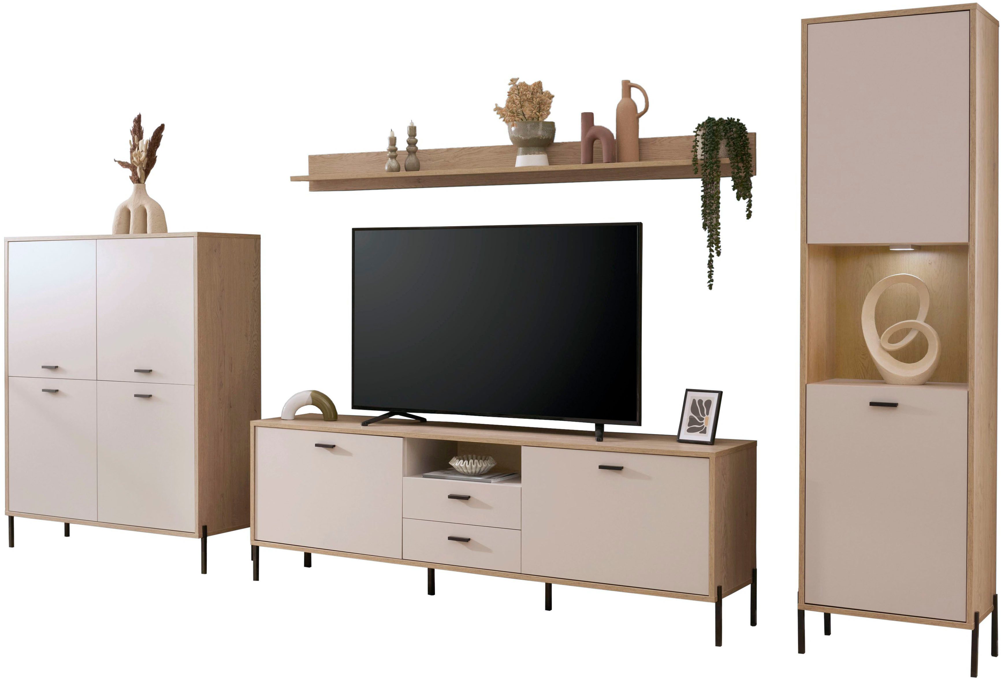 Home affaire Wohnwand Fredericia, moderne Anbauwand, Komplettset in Kaschmir, (Set, 4-St), enthält Vitrine, Lowboard, Highboard und Wandboard, 384 cm breit. Reduzierter Preis € 959,99. Unverbindliche Preisempfehlung € 1.599,00