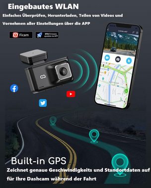 COOAU Dashcam Auto mit Vorne Hinten 2.5K/1080P WiFi & GPS mit Loop-Aufnahme Dashcam (HD, WLAN (Wi-Fi), 24Std.Parküberwachung/Bewegungserkennung,Superkondensator, 170° Weitwinkel und Super Nachtsicht,WDR,G-Sensor)