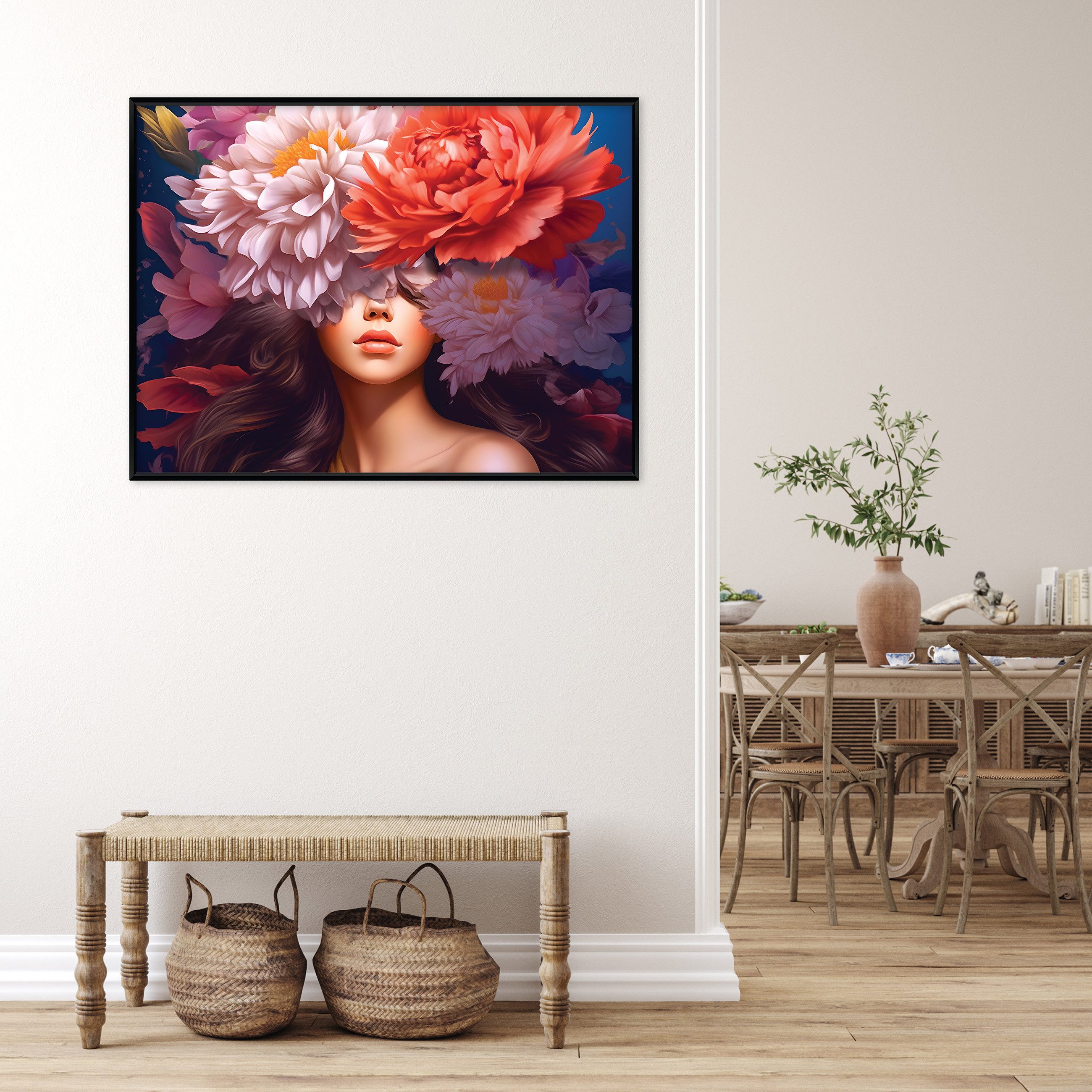 Wallarena Leinwandbild Frau Blumen Rot Kunst Modern Wandbilder Wand Deko XXL Bilder, Frau (groß Bilder Wohnzimmer Schlafzimmer Einteilig, 1 St), Bild mit Rahmen Wohnzimmer Schlafzimmer Küche Deko 40x30
