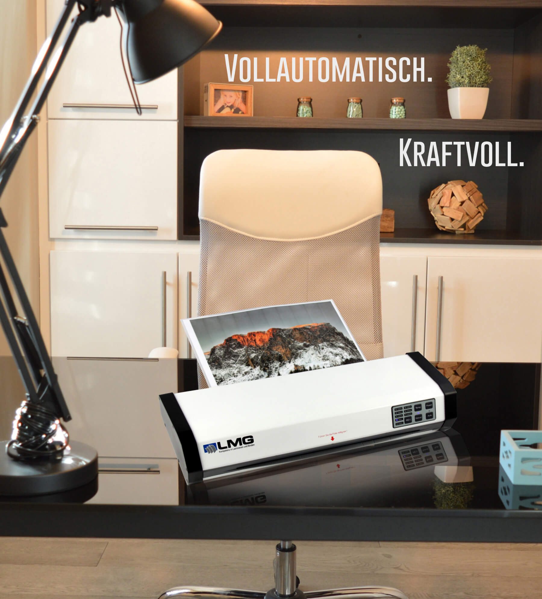 LMG Germany Laminiergerät Vollautomatisches A3 - Laminiergerät, Arbeitsbreite von 350 mm, Auto-Folienstärke, 50 s Start, 1000 mm/min, Touchpanel, Staurücklauf