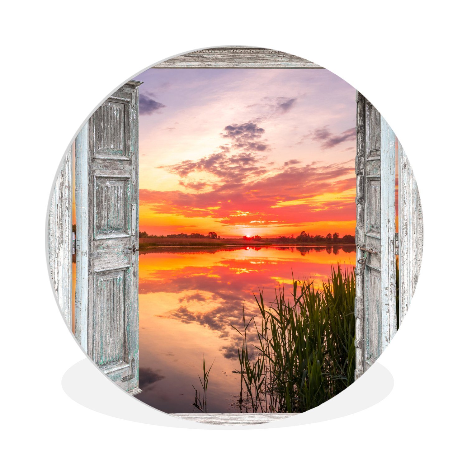 MuchoWow Gemälde Landschaft - Sonnenuntergang - Wasser - Aussicht, Fotodruck (1 St), Kreis Wanddekoration, Rundes Wandbild, 30x30 cm