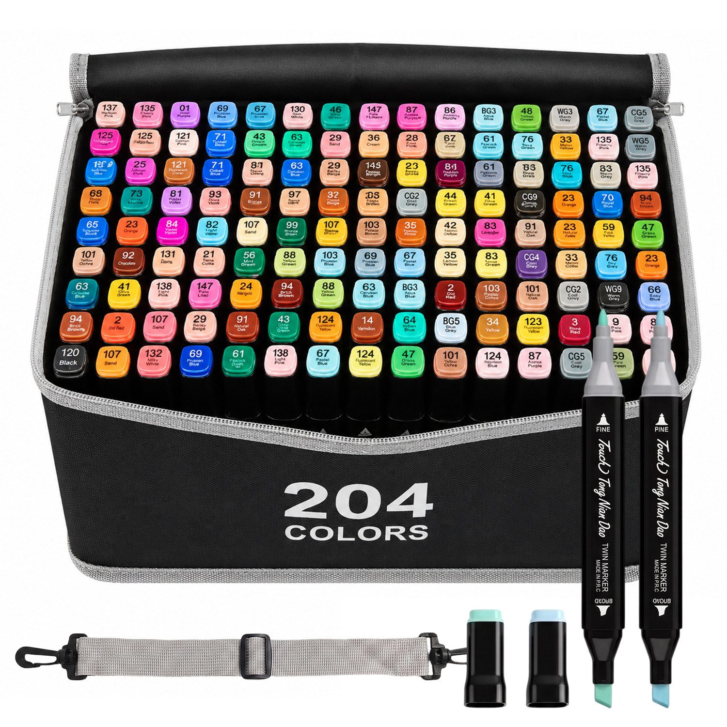 AKKEE Filzstift 204/262 Farben Filzstifte, Doppelte Spitze Permanent Marker Stifte Set, (204-tlg), mit Schwarzer Tragetasche und Abstandshalter für Malerei, Design
