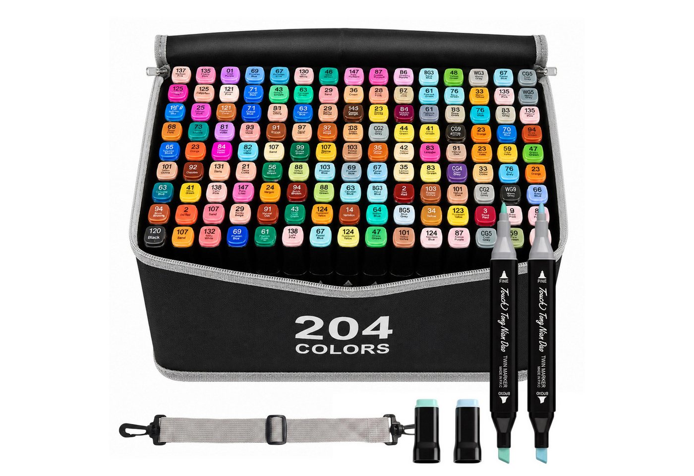 AKKEE Filzstift 204/262 Farben Filzstifte, Doppelte Spitze Permanent Marker Stifte Set, (204-tlg), mit Schwarzer Tragetasche und Abstandshalter für Malerei, Design