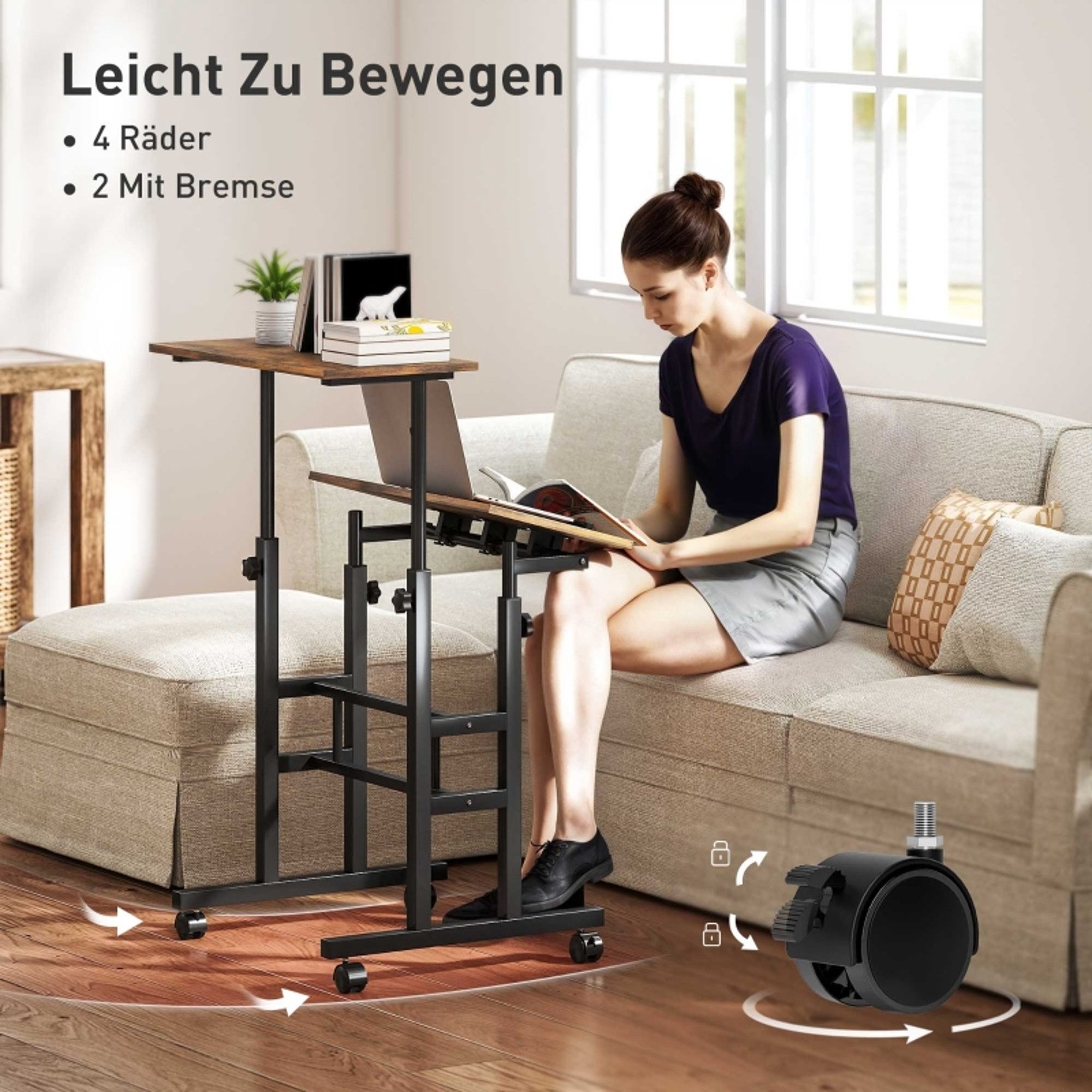 MC Star Schreibtisch chreibtisch Höhenverstellbar Küchentisch mit Regal, Rollen (Computertisch Rustikal Braun 60 x 60 x 70,5-120 cm)