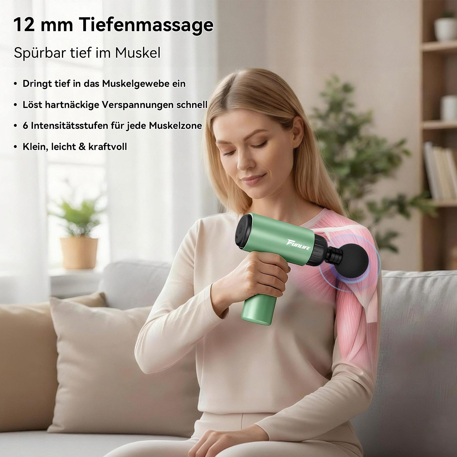 FunLife Massagepistole Mini Massagepistole für Reise & Alltag, Komplett-Set, Kompakt & Reisebereit, 0,5 kg · 12 mm Tiefenmassage · USB-C