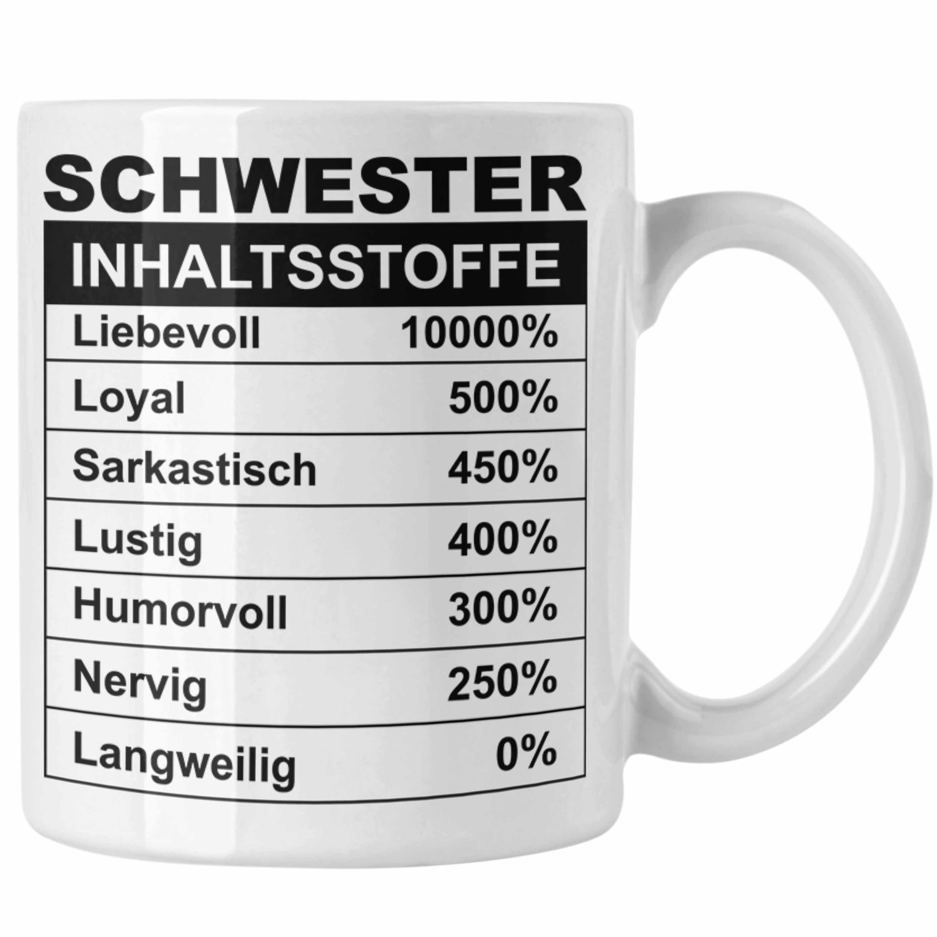 Trendation Tasse Weiss Schwester für Geburtstag Schwester - Geschenk Tasse Inhalsstoffe Beste Trendation Geschenkidee Spruch Sprüche