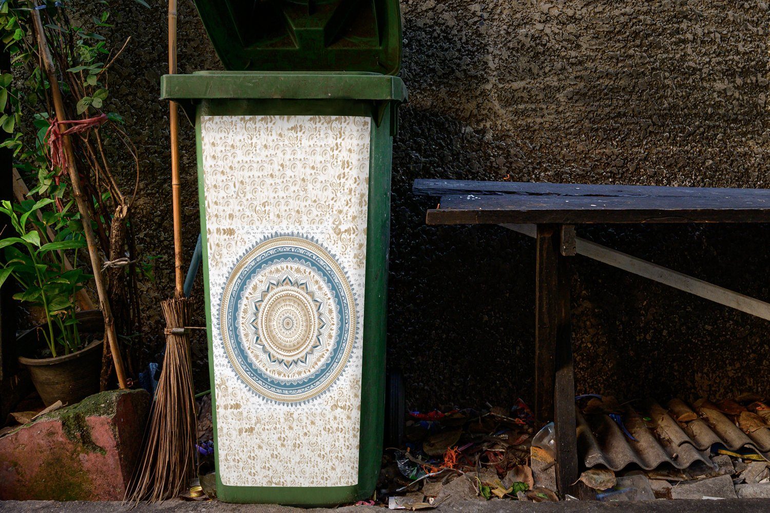 Sticker, (1 - Bohème Wandsticker Container, - - St), Mandala Design Mülltonne, - MuchoWow Weiß Abfalbehälter Blau Mülleimer-aufkleber,
