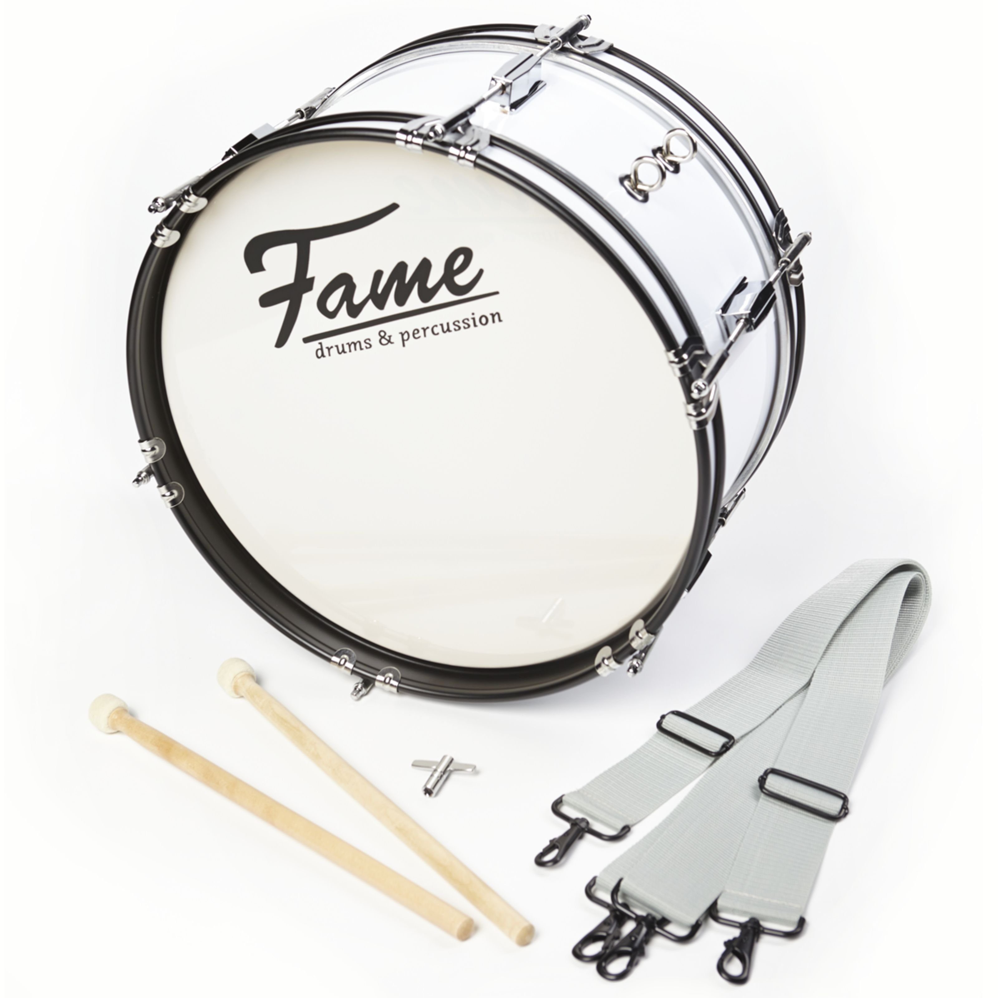 FAME Bass Drum,Junior Marching Bass Drum, 16"x7", Weiß, Leichte Kinder Trommel, Inklusive Gurt, Schlägel, Stimmschlüssel, Ideal für Karnevalszüge, Musikvereine, Schulen, Ab 5 Jahren, Marching, Bass Drums, Junior Marching Bass Drum, Kinder Trommel, Karnevalszüge