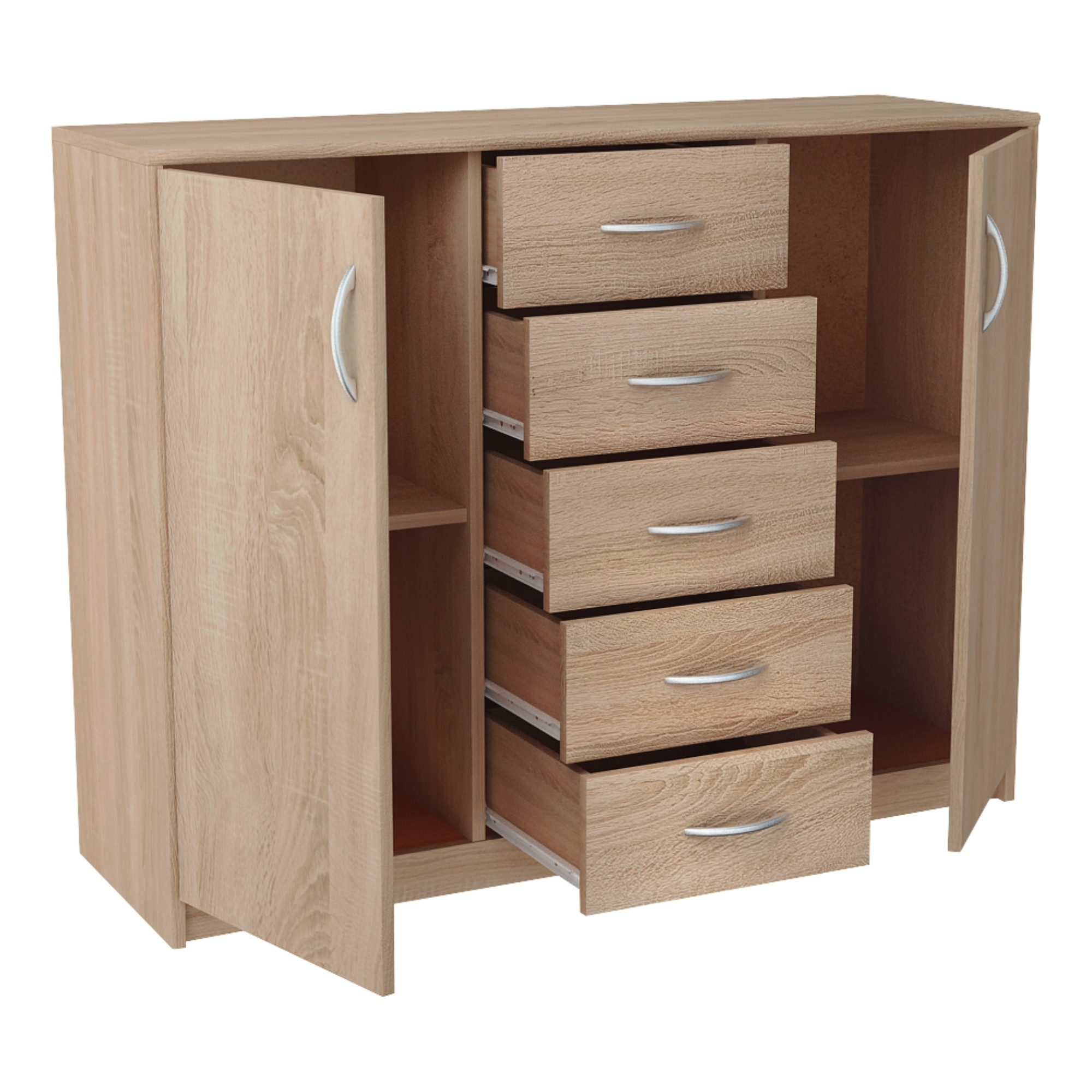 Home Collective Kommode mit 5 Schubladen und 2 Türen in matter Ausführung, Kommode 110cm breit (mit hochwertigen Polymergriffen, aus laminierter Platte gefertigt, Metallrollen mit Auszugsstopp), Holz Schrank Sideboard Highboard Kommode mit Schubladen sonoma
