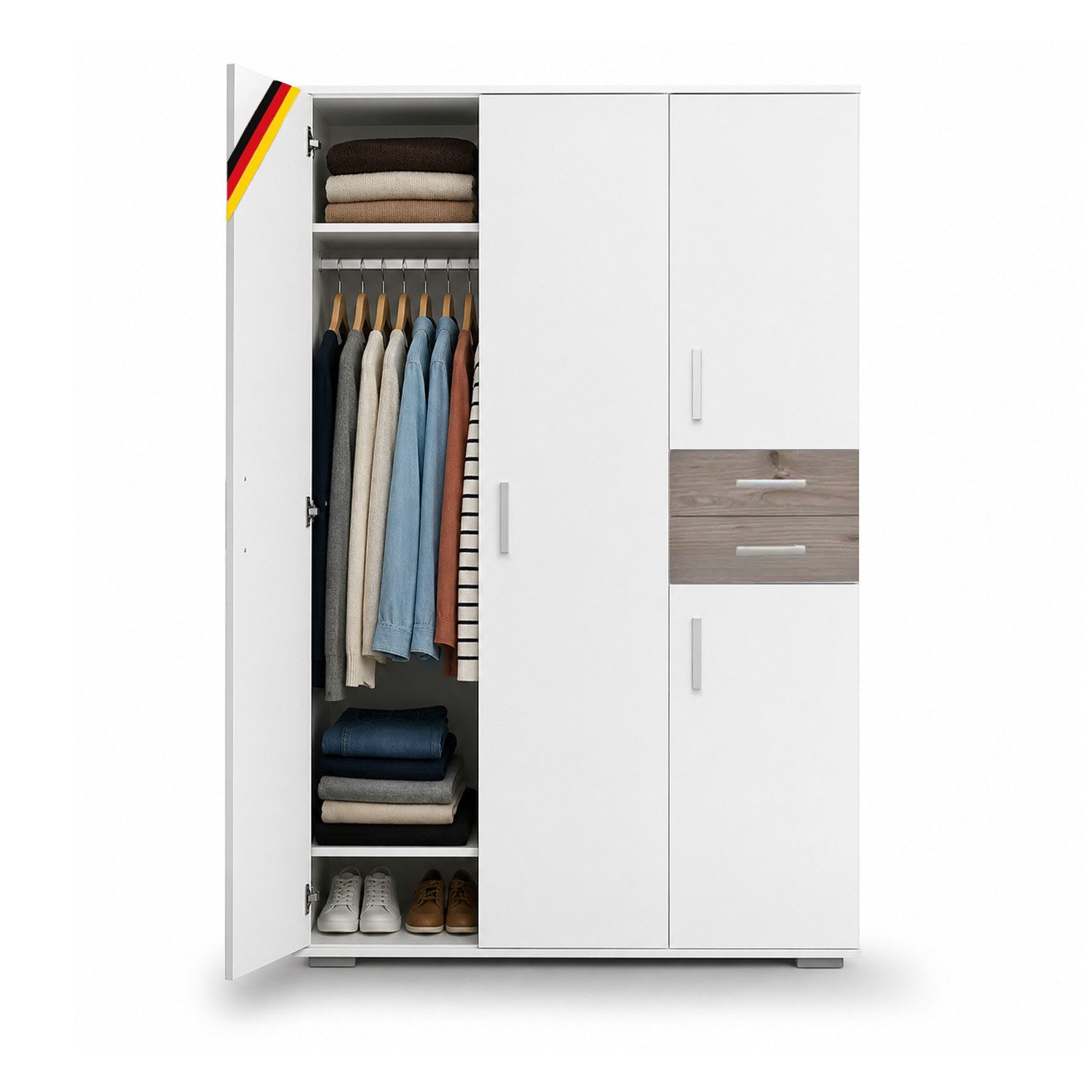 Storado Kleiderschrank Sienna 132×189×54cm, Kleiderschrank mit 4 Türen, Farbe wählbar 4 Türen und 2 Schubladen für großzügigen Stauraum