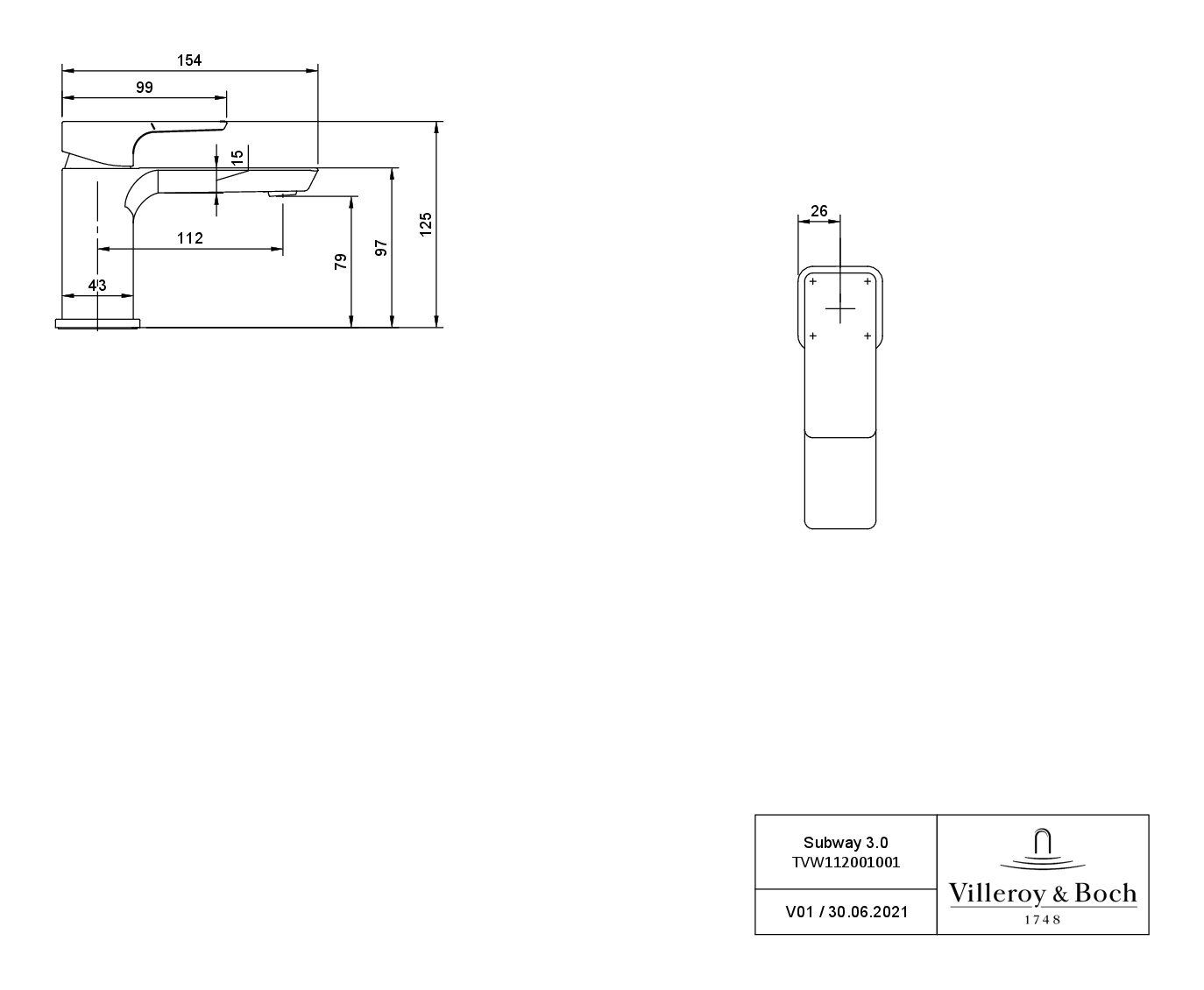 Villeroy & Boch Subway Waschtischarmatur 3.0 80, Einhebel ohne Ablaufgarnitur, Black Standmontage Matt 
